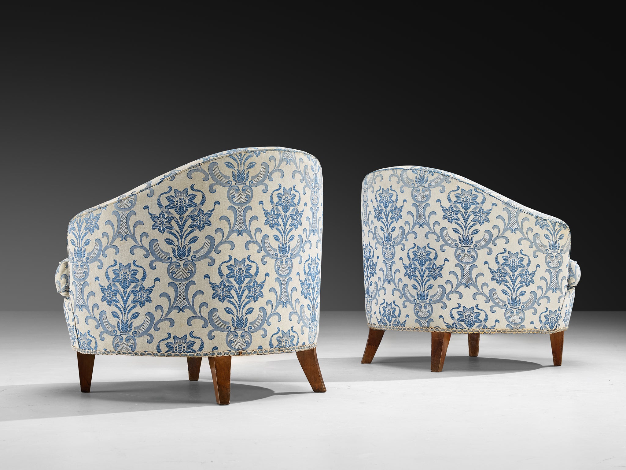 Pair of Charming Italian Mid-Century Lounge Chairs in Light Blue Damask Fabric Seating Morentz