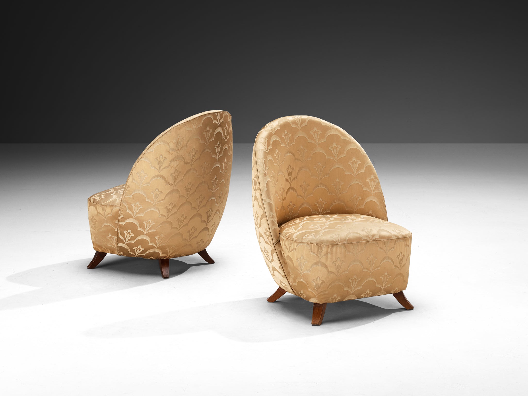 Italian Pair of Sculptural Lounge Chairs in Golden Damask Upholstery Seating Morentz