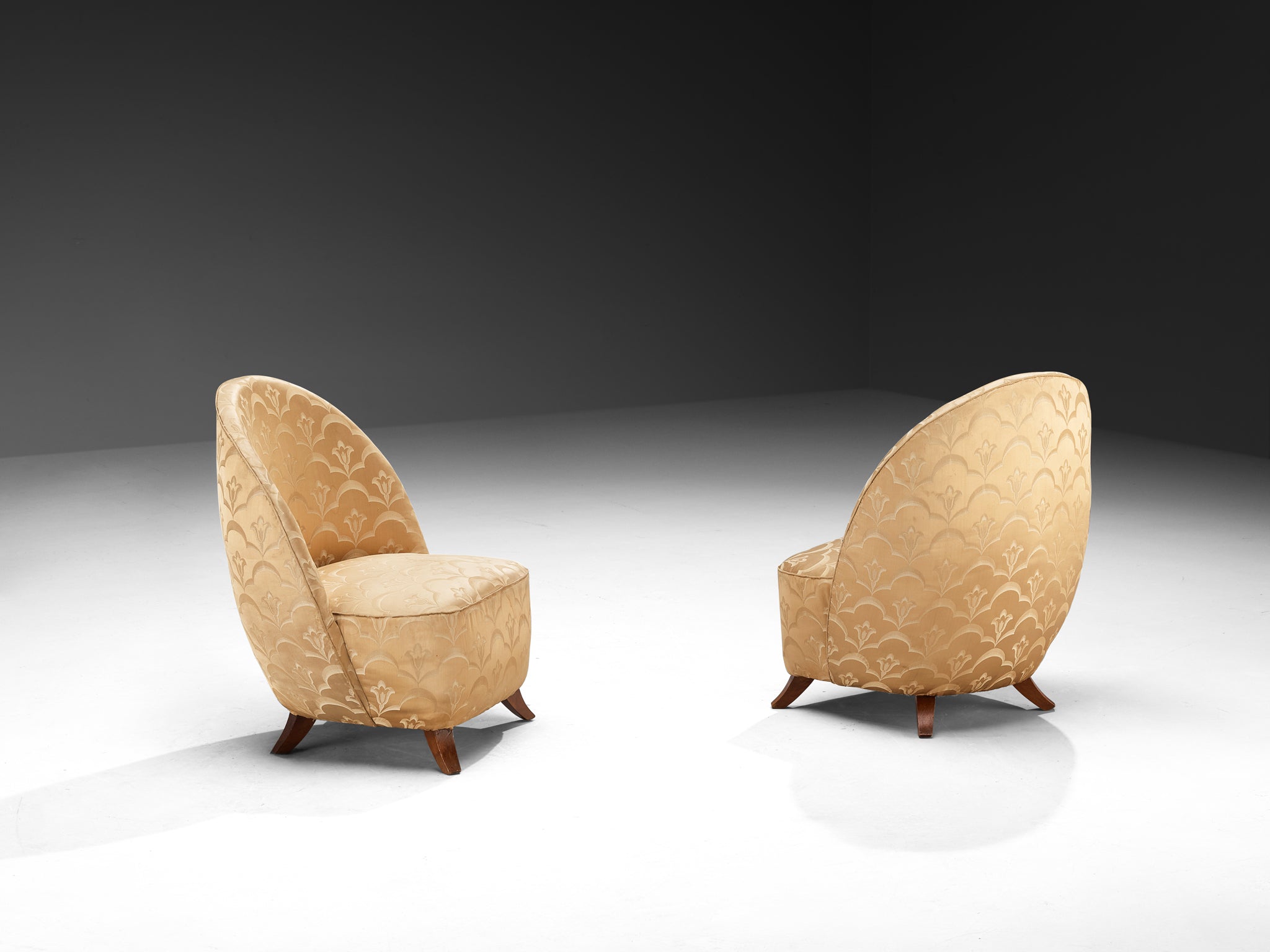 Italian Pair of Sculptural Lounge Chairs in Golden Damask Upholstery Seating Morentz