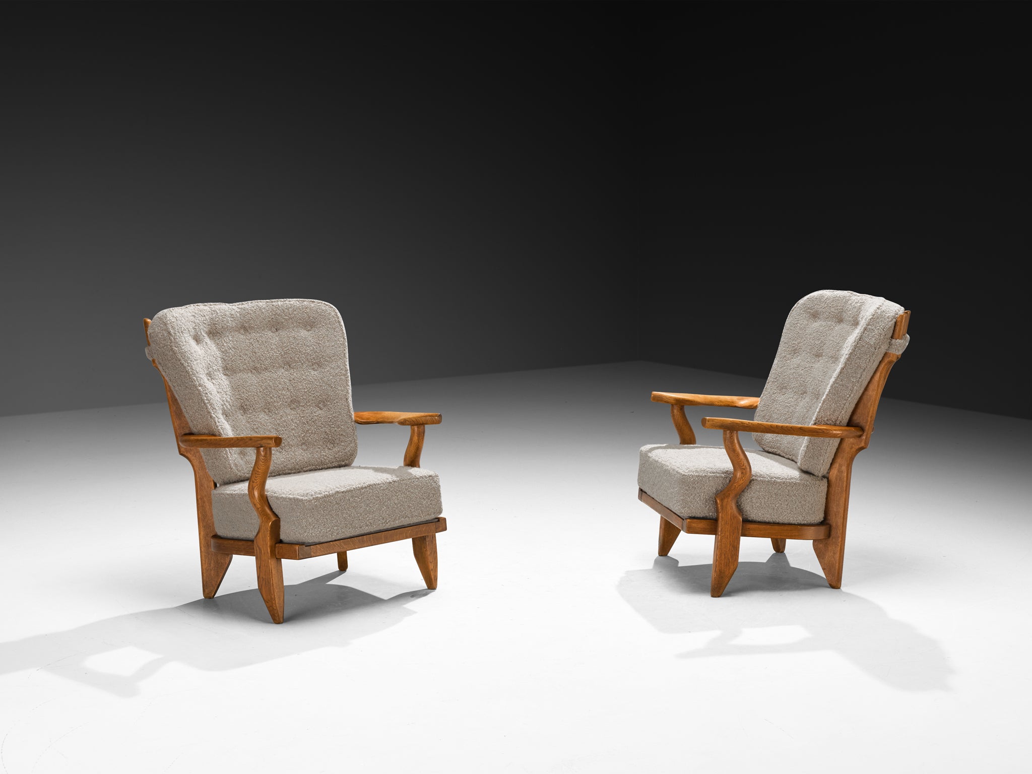 Guillerme & Chambron Pair of 'Petit Repos' Lounge Chairs in Oak and Teddy Fabric Seating Morentz