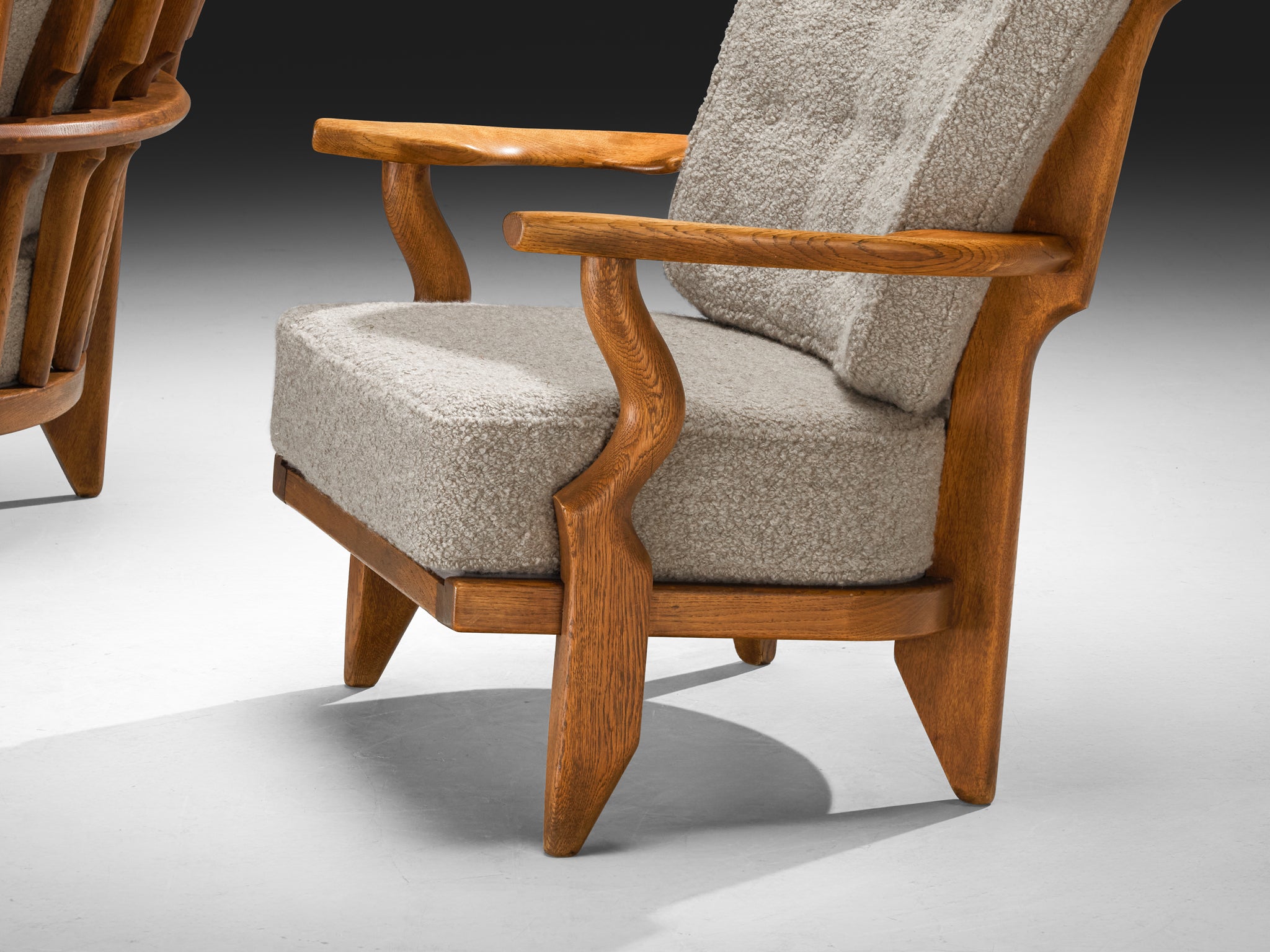 Guillerme & Chambron Pair of 'Petit Repos' Lounge Chairs in Oak and Teddy Fabric Seating Morentz