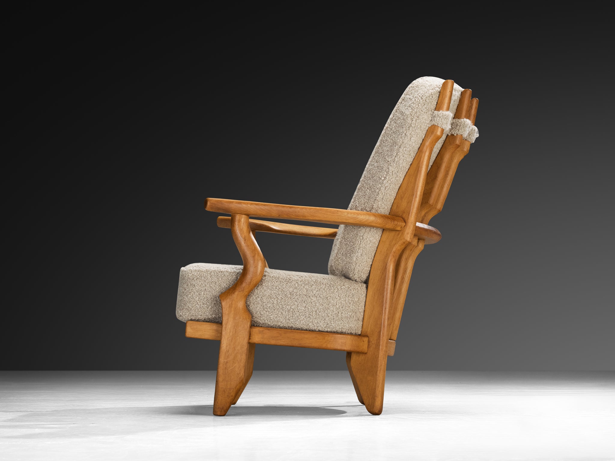 Guillerme & Chambron 'Petit Repos' Lounge Chair in Solid Oak and Bouclé Seating Morentz