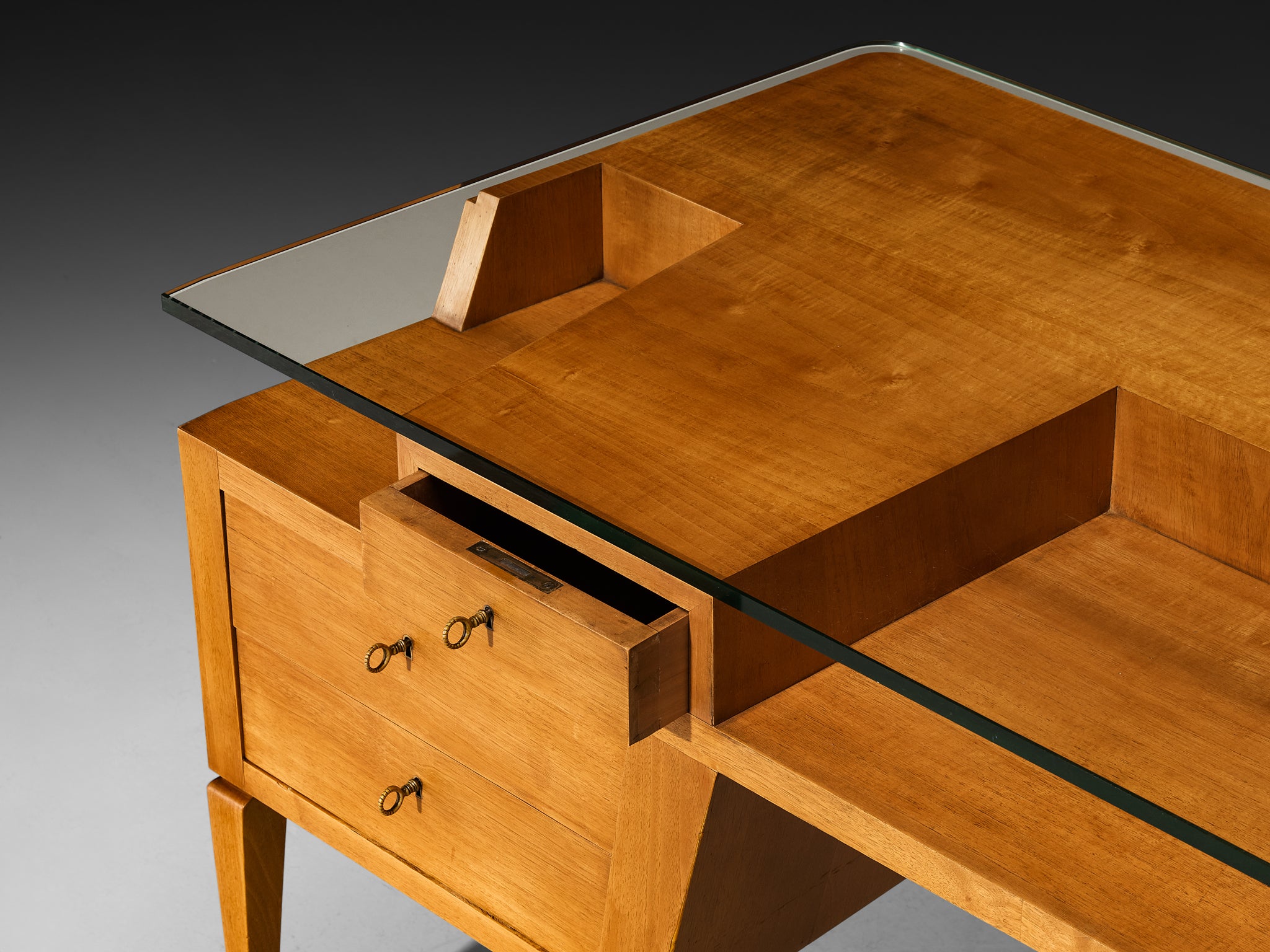 Italian Mid-Century Modern Desk in Walnut with Floating Glass Top Tables Morentz