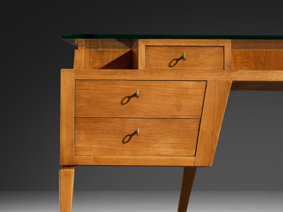 Italian Mid-Century Modern Desk in Walnut with Floating Glass Top Tables Morentz