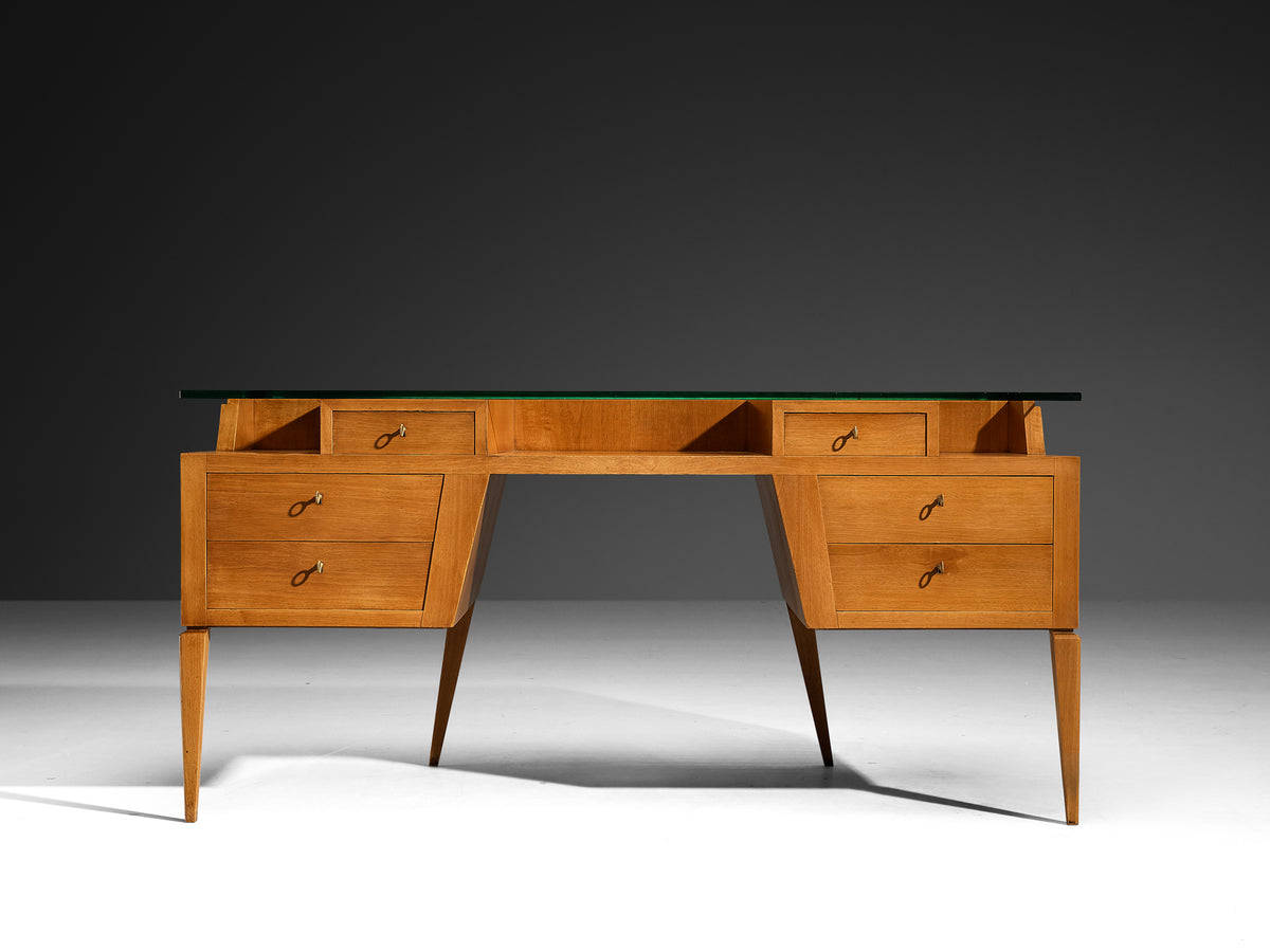 Italian Mid-Century Modern Desk in Walnut with Floating Glass Top Tables Morentz
