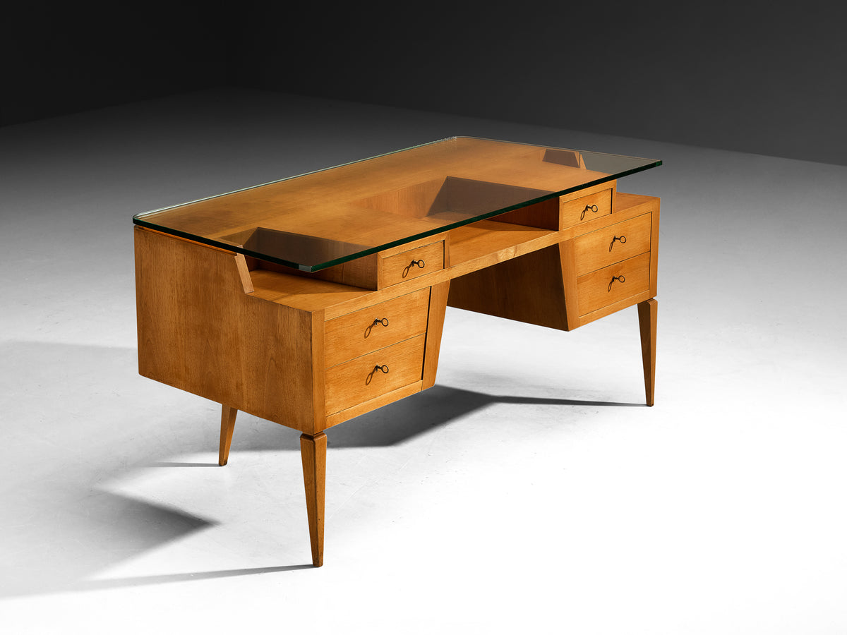 Italian Mid-Century Modern Desk in Walnut with Floating Glass Top Tables Morentz