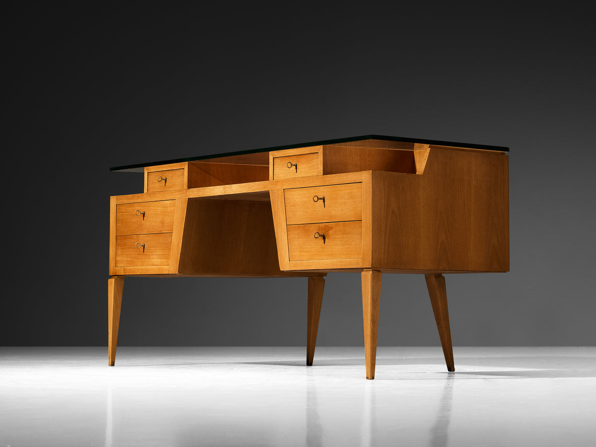 Italian Mid-Century Modern Desk in Walnut with Floating Glass Top Tables Morentz
