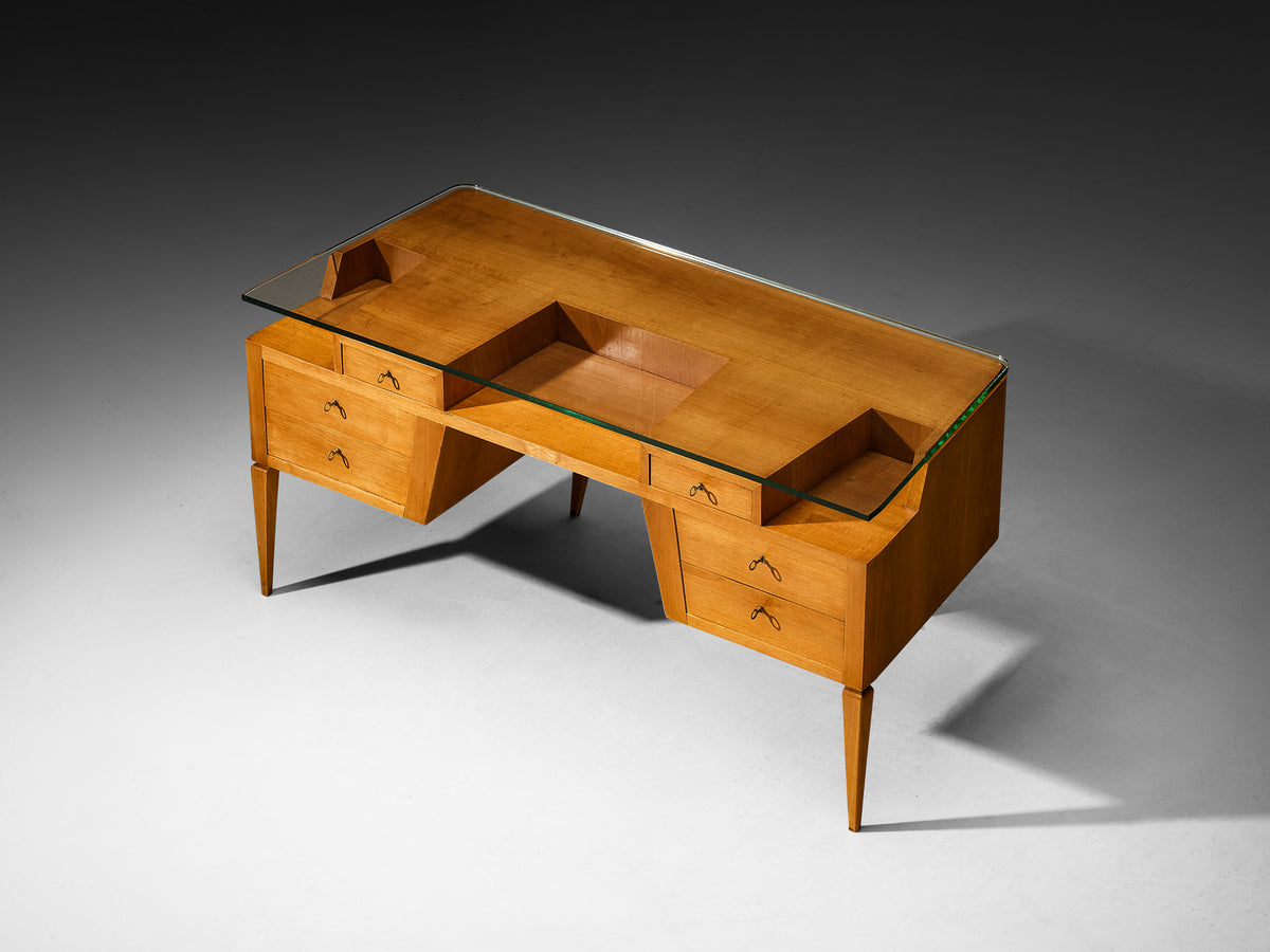 Italian Mid-Century Modern Desk in Walnut with Floating Glass Top Tables Morentz