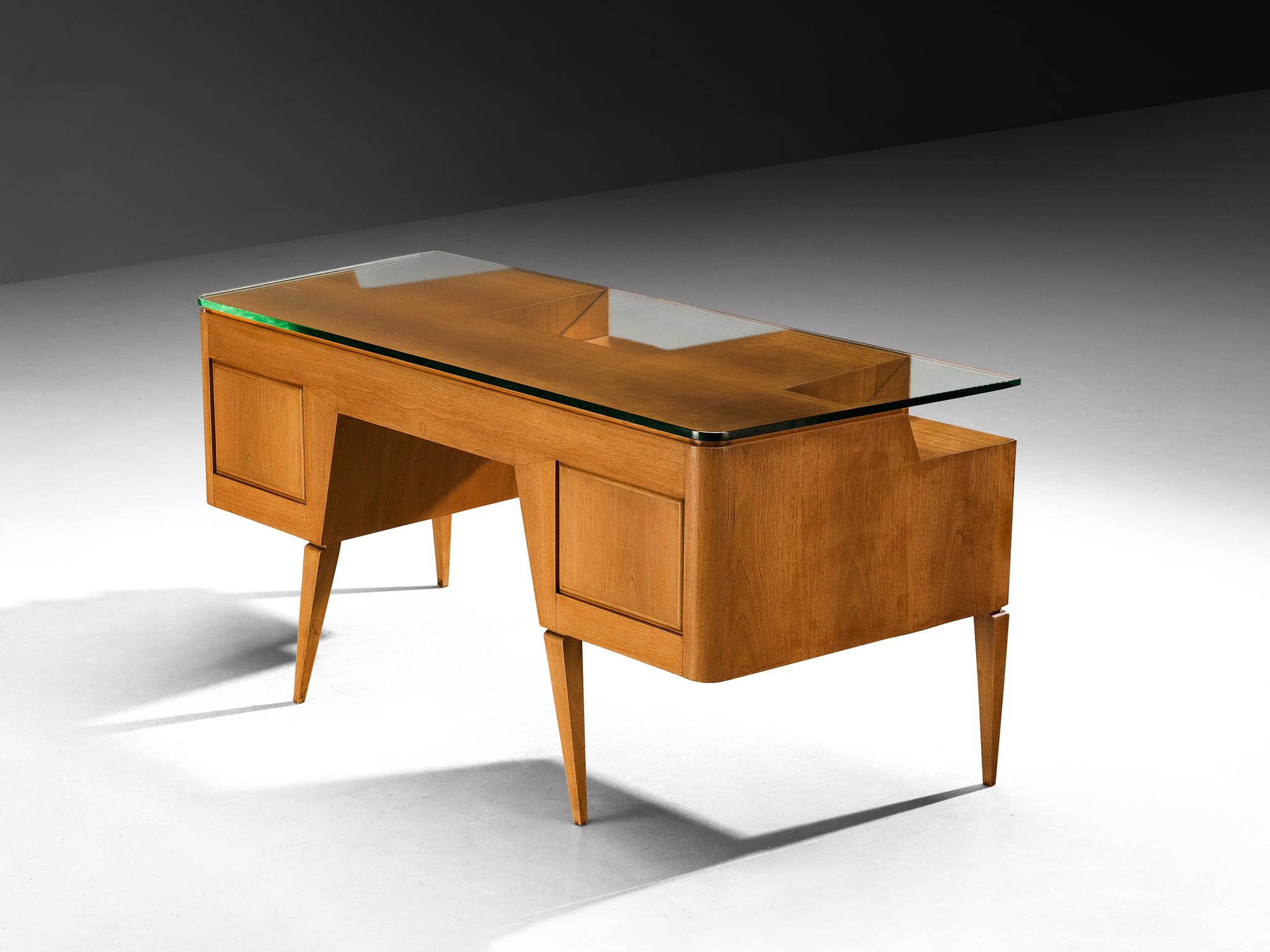 Italian Mid-Century Modern Desk in Walnut with Floating Glass Top Tables Morentz
