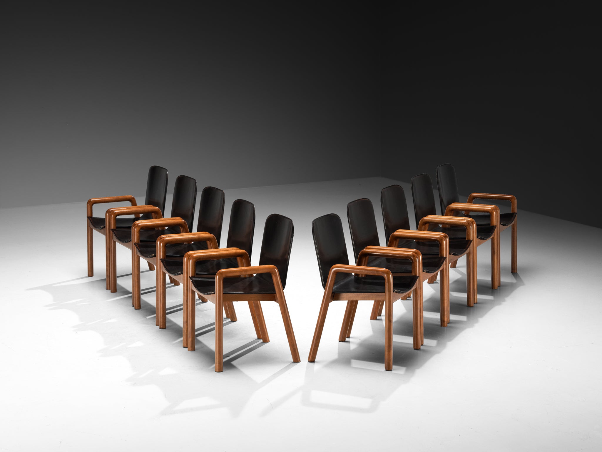 Guido Faleschini for I4 Mariani Set of Ten 'Dilos' Dining Chairs in Leather and Wood Seating Morentz