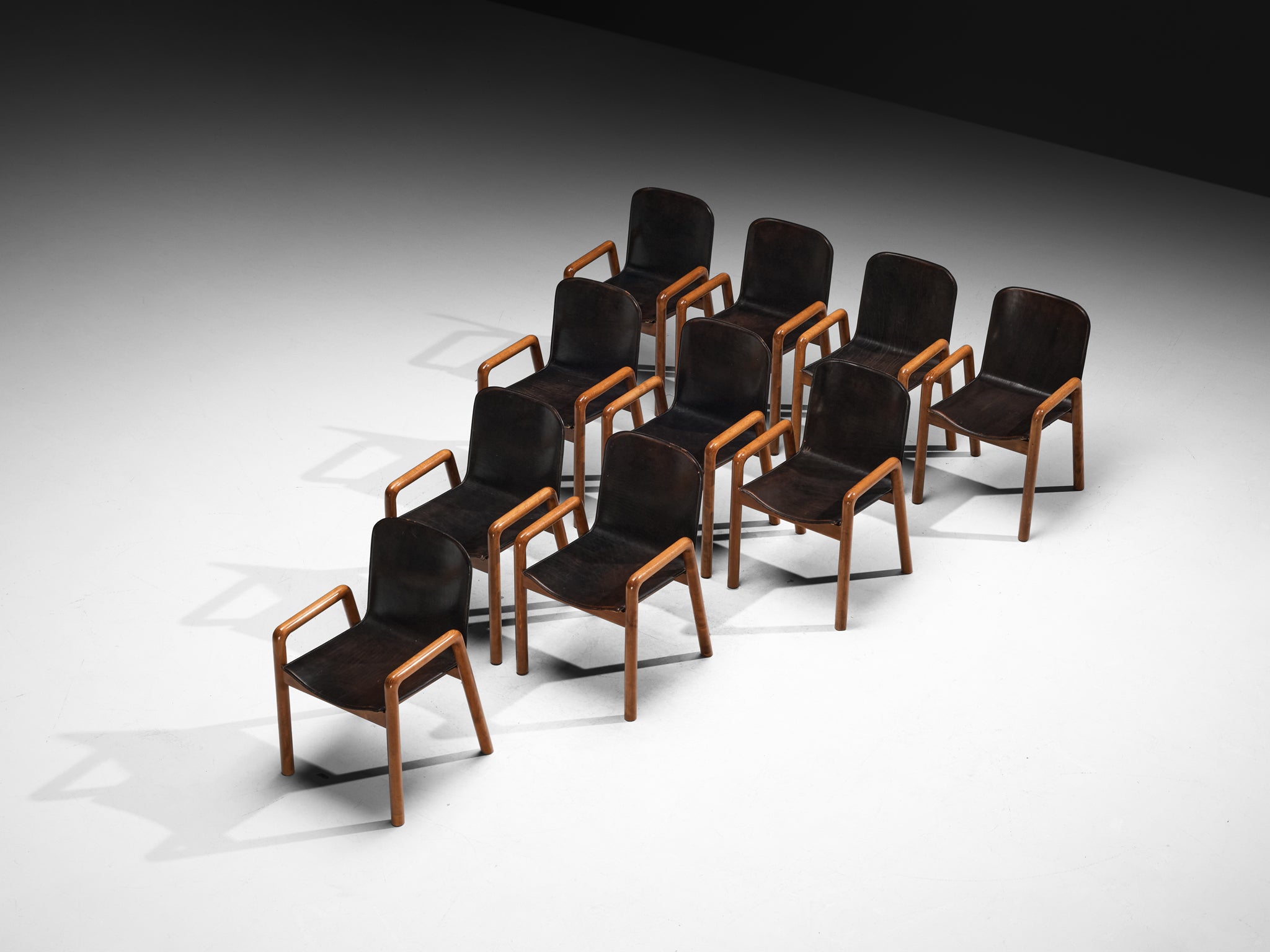 Guido Faleschini for I4 Mariani Set of Ten 'Dilos' Dining Chairs in Leather and Wood Seating Morentz