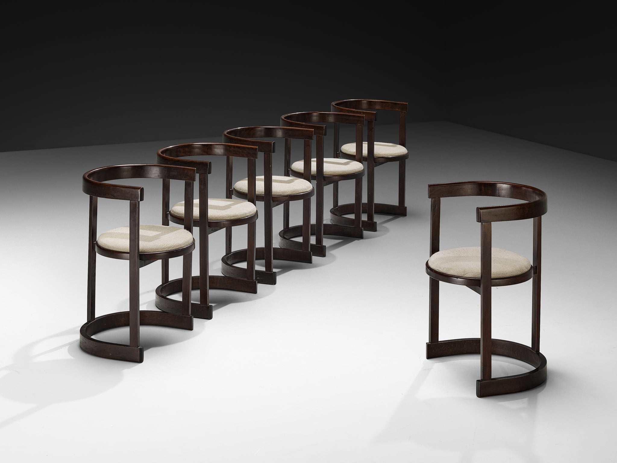 Italian Set of Six Dining Chairs in Stained Wood and Off-White Upholstery Seating Morentz