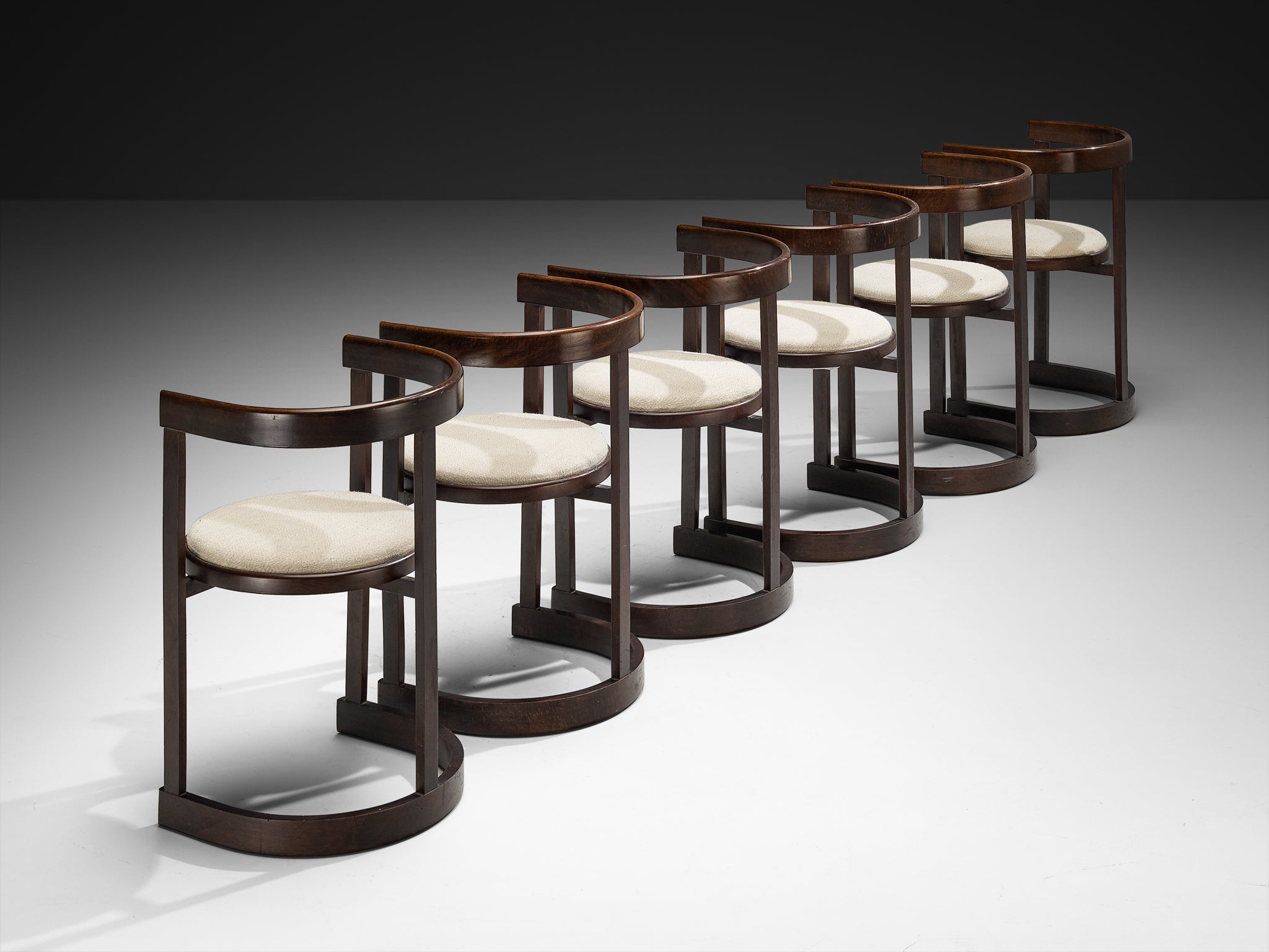 Italian Set of Six Dining Chairs in Stained Wood and Off-White Upholstery Seating Morentz