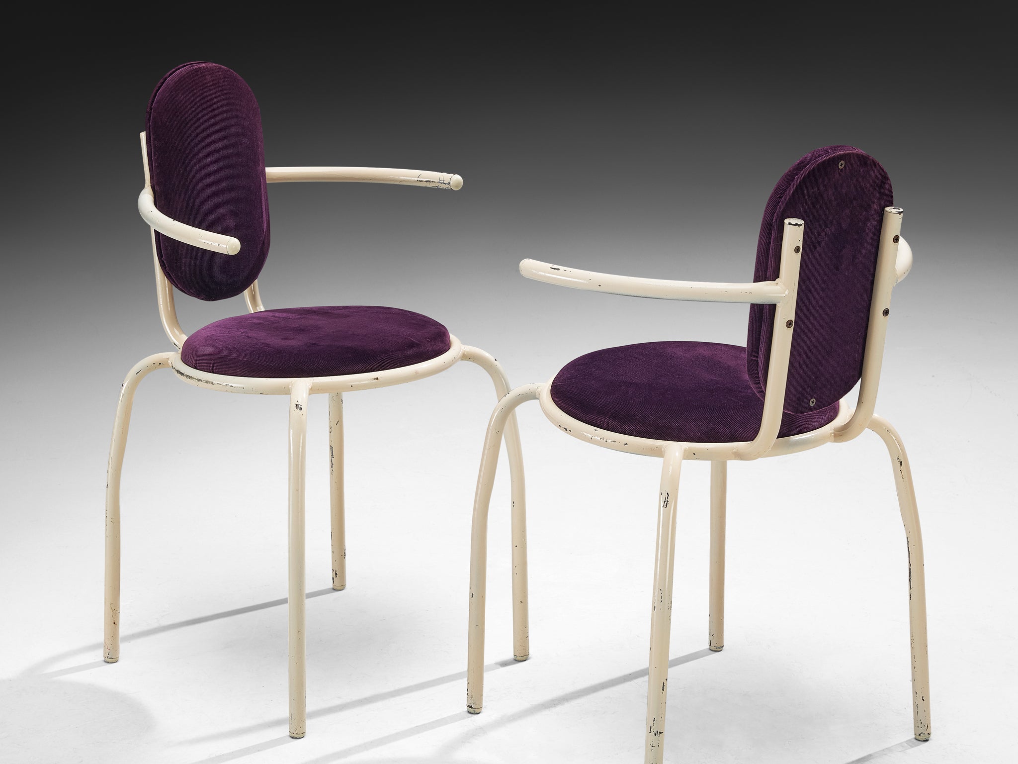 Italian Post-Modern Set of Six Armchairs in Purple Corduroy and Lacquered Steel Seating Morentz