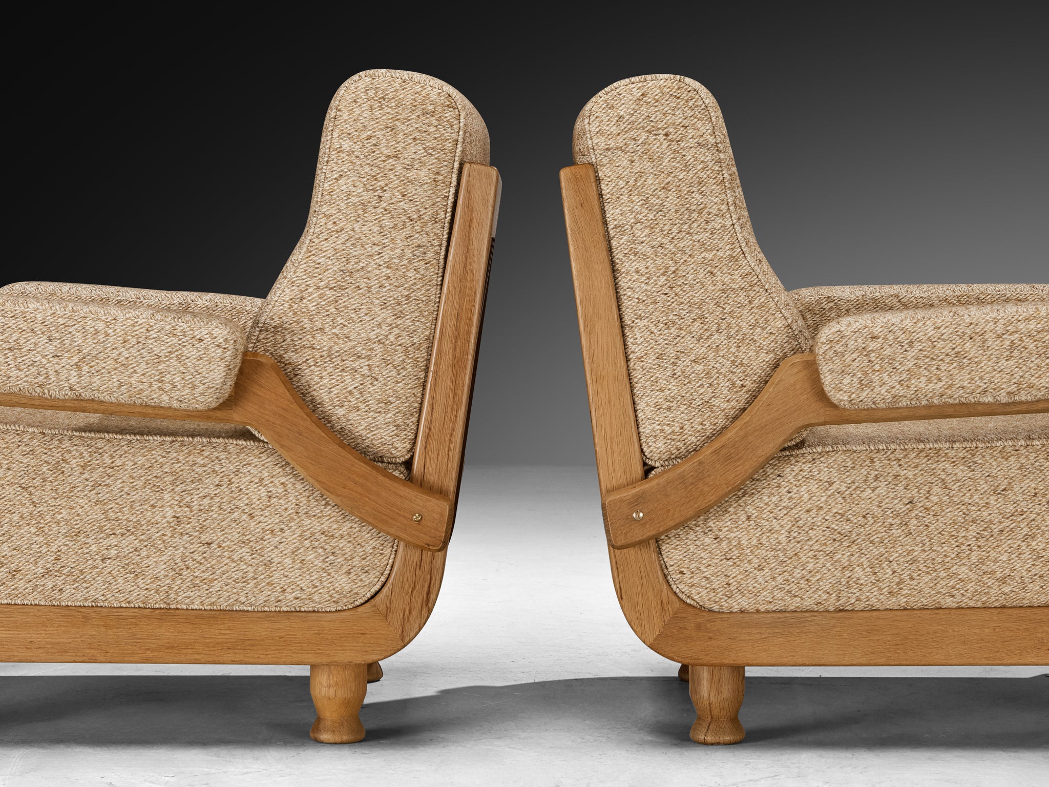 Guillerme & Chambron Pair of Lounge Chairs in Solid Oak and Beige Wool Seating Morentz