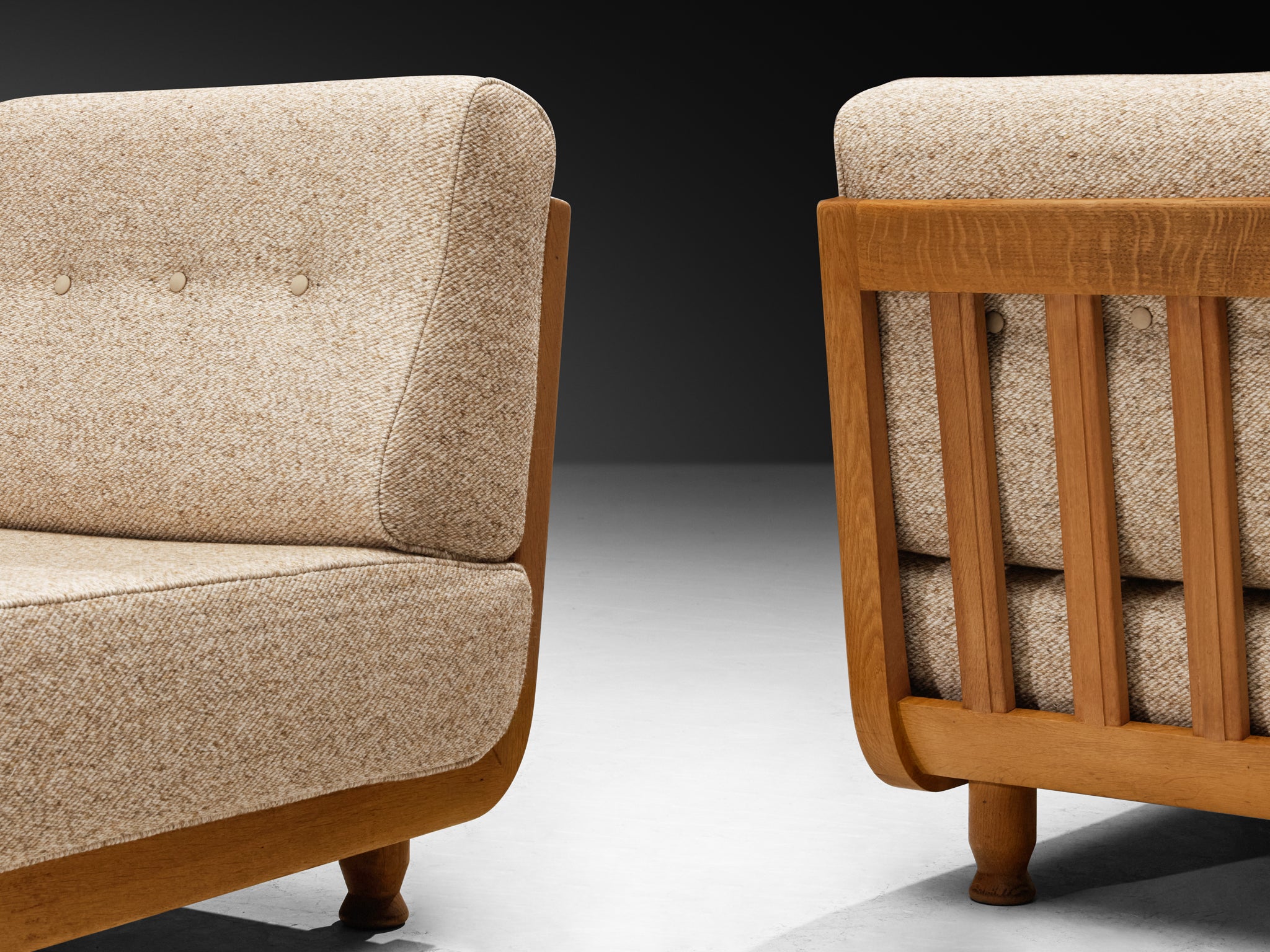 Guillerme & Chambron Lounge Chairs in Solid Oak and Beige Wool Seating Morentz