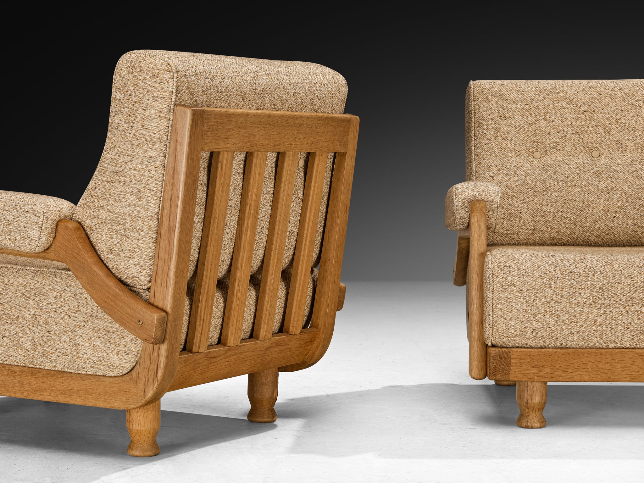 Guillerme & Chambron Pair of Lounge Chairs in Solid Oak and Beige Wool Seating Morentz