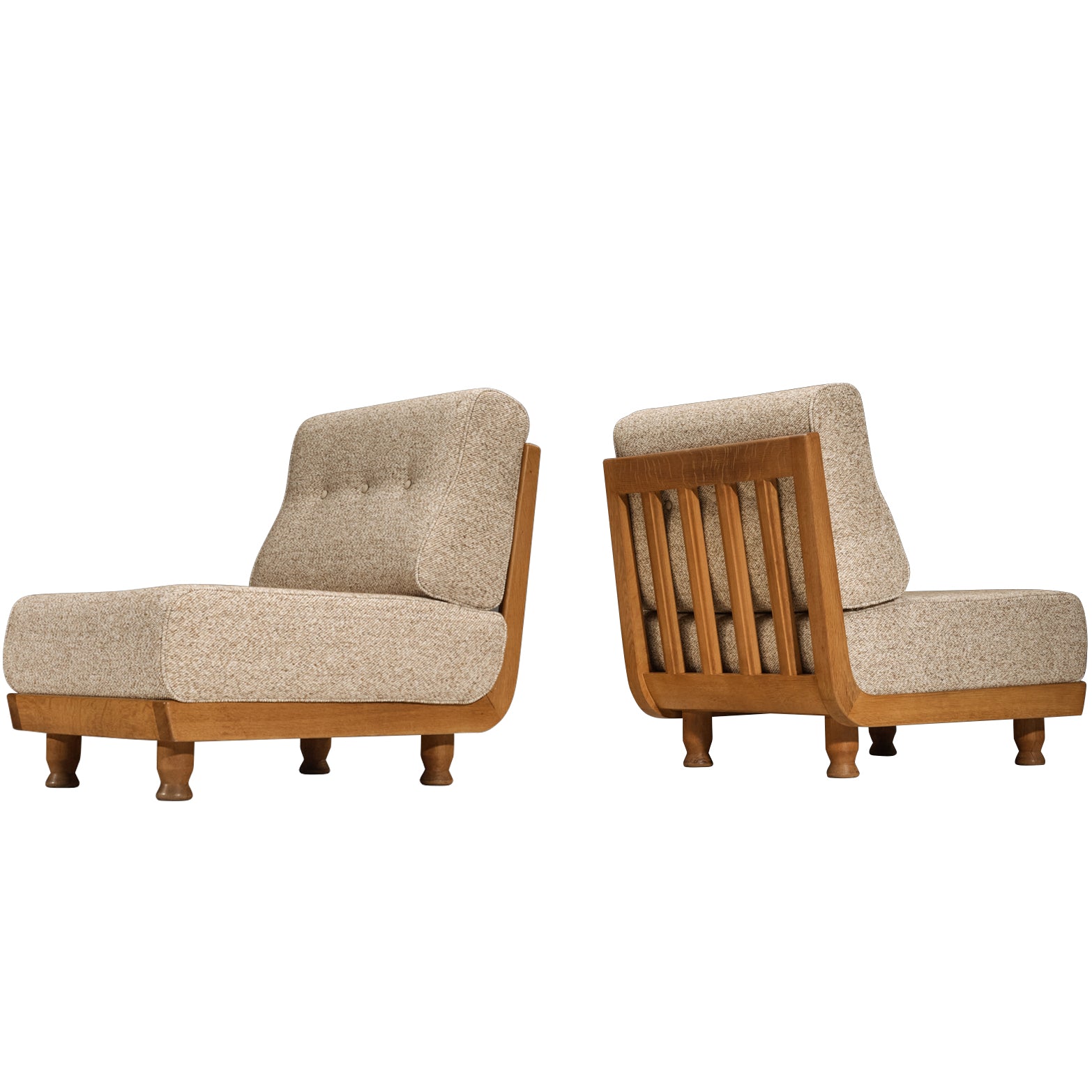 Guillerme & Chambron Lounge Chairs in Solid Oak and Beige Wool Seating Morentz
