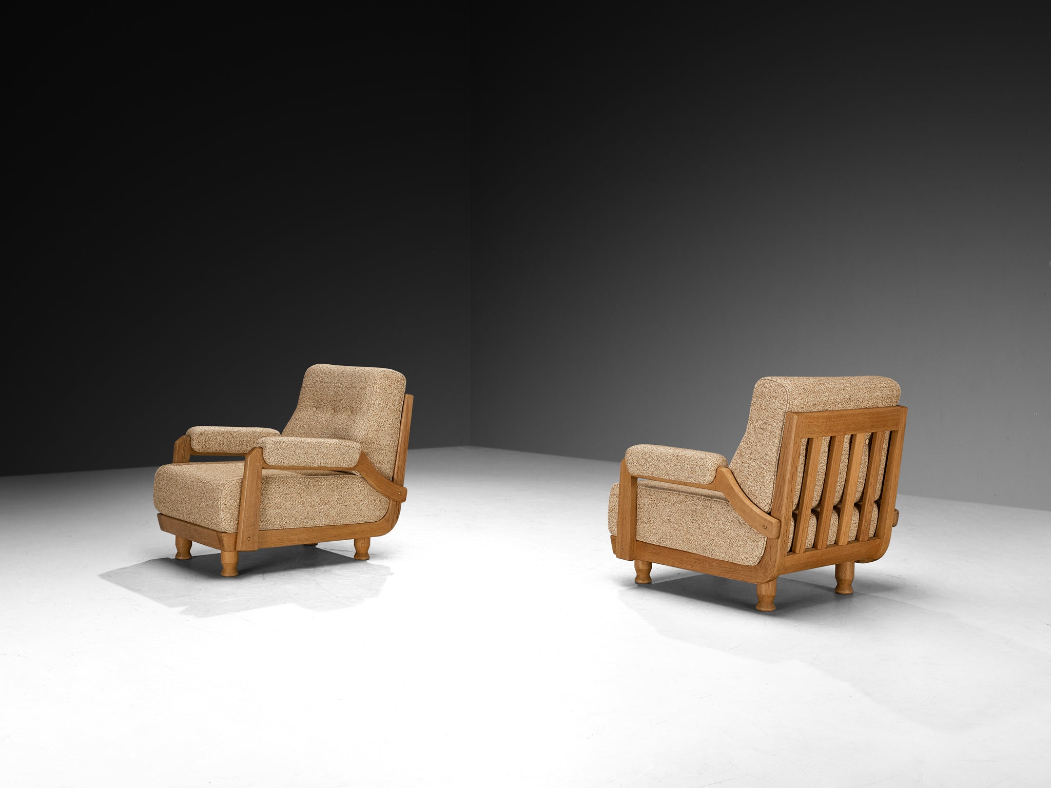 Guillerme & Chambron Pair of Lounge Chairs in Solid Oak and Beige Wool Seating Morentz