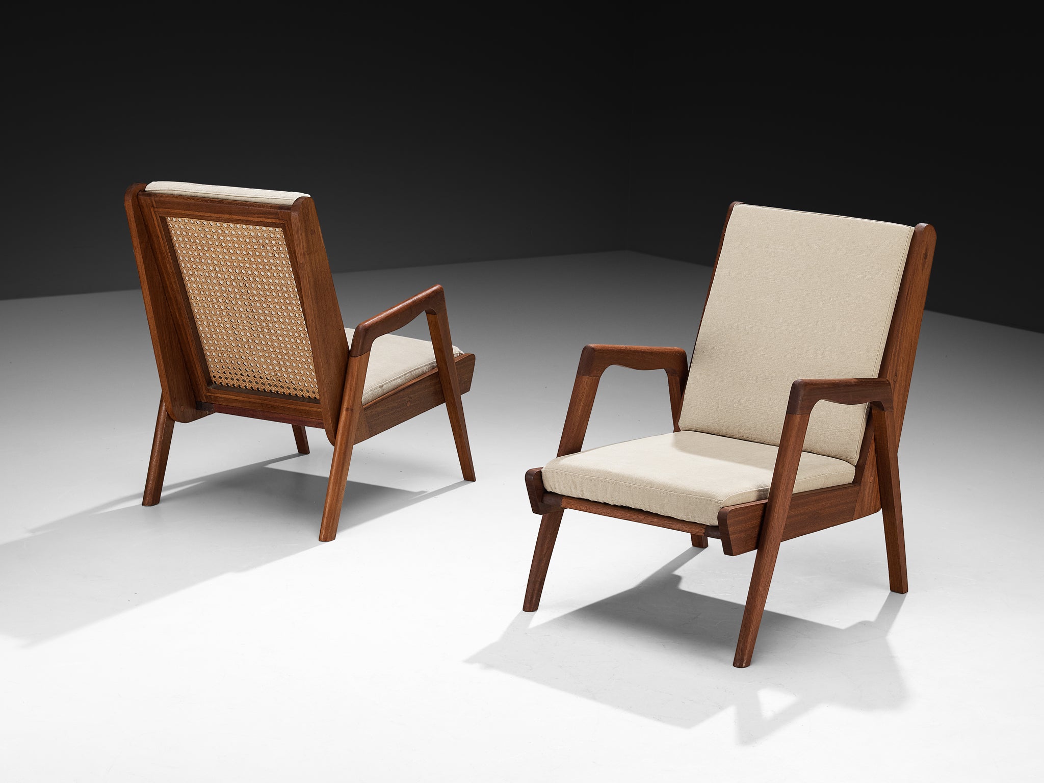 Mid-Century Modern French Lounge Chairs in Teak and Cane Seating Morentz