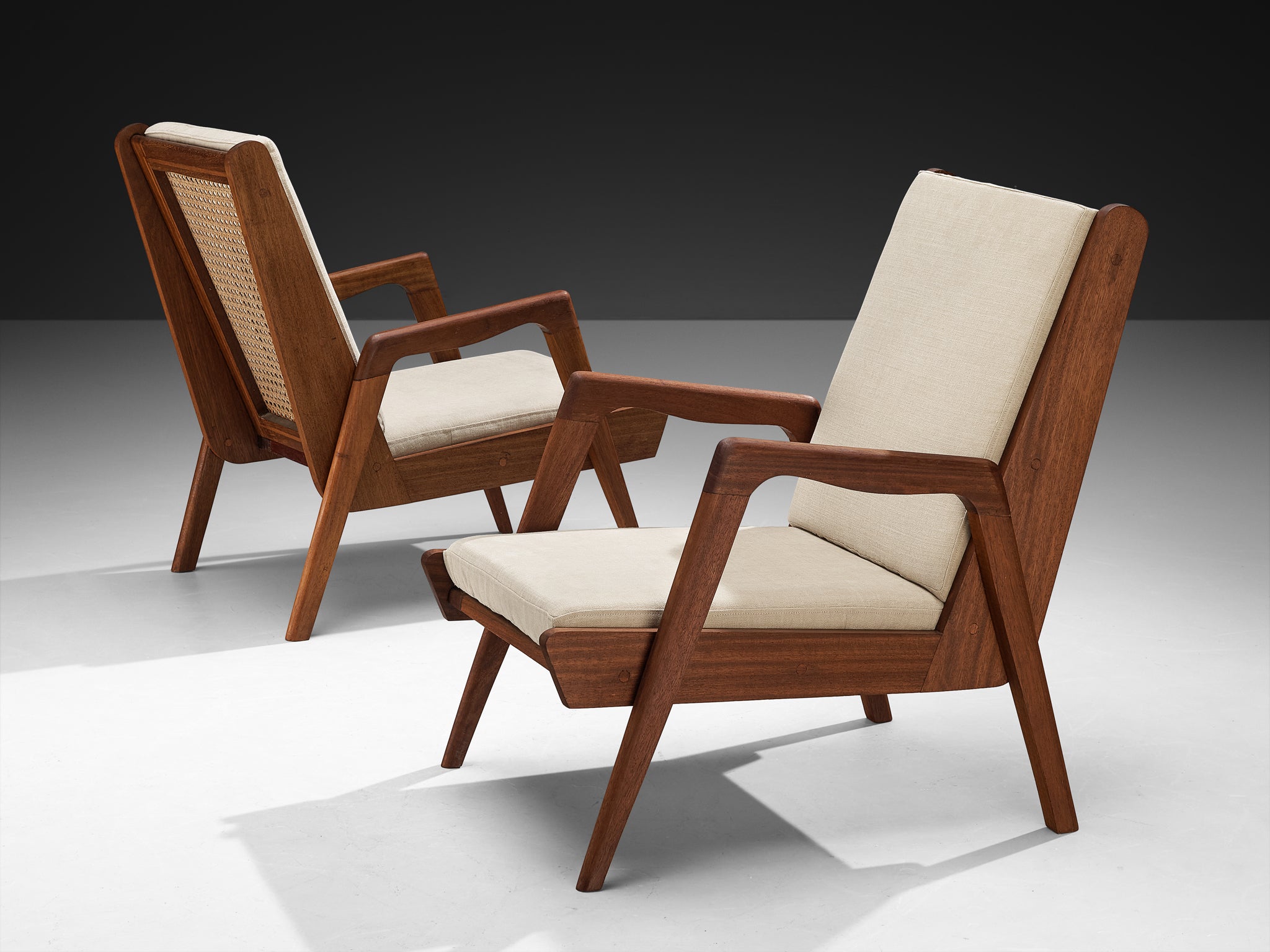 Mid-Century Modern French Lounge Chairs in Teak and Cane Seating Morentz