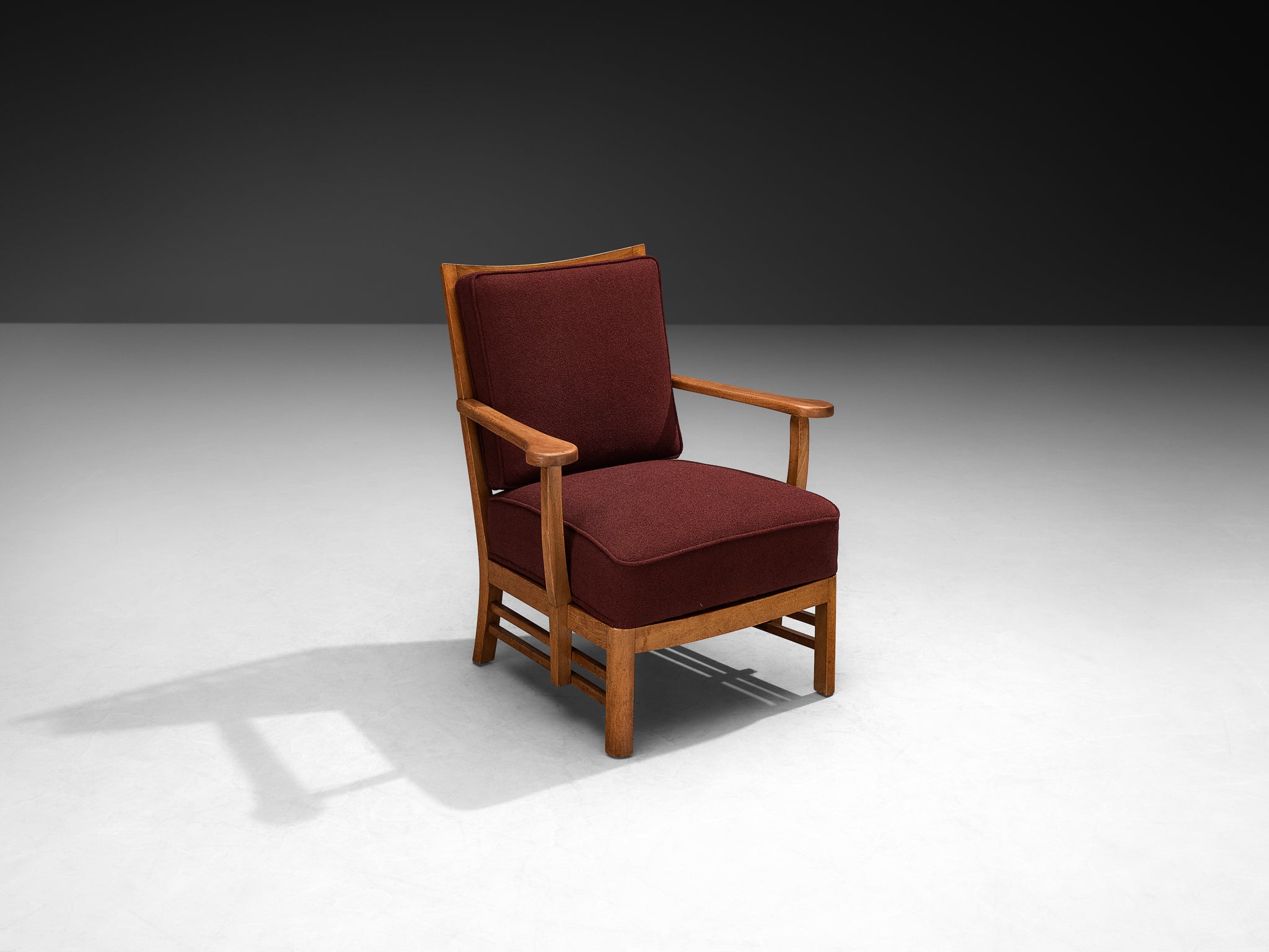 Pair of 1950s Lounge Chairs in Burgundy Red Fabric and Walnut Frames Seating Morentz