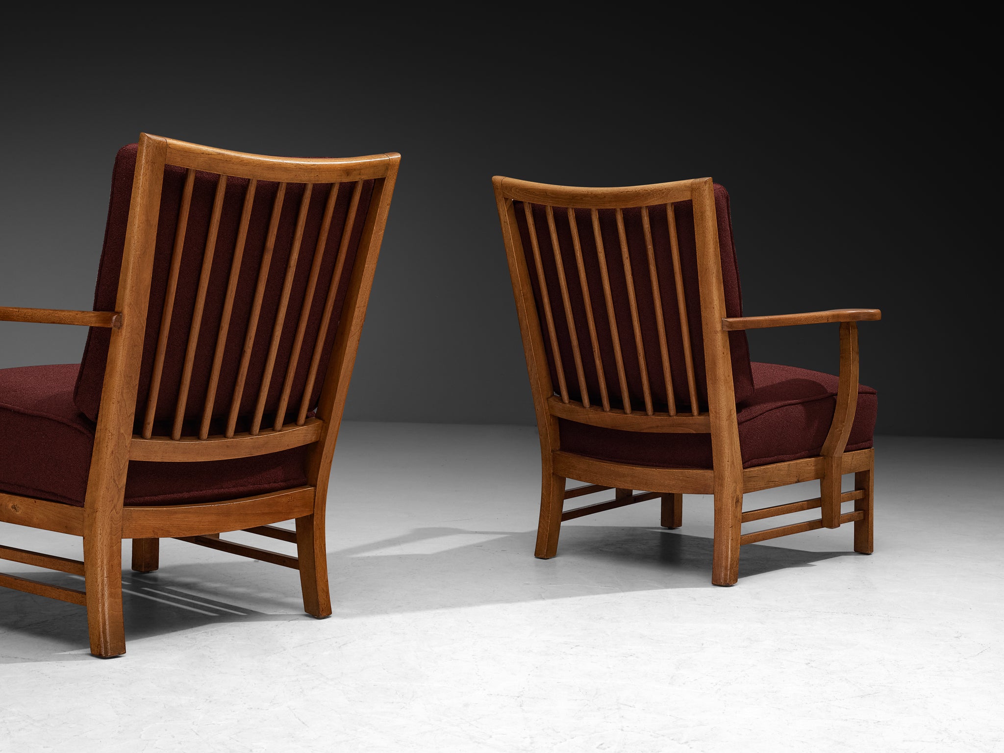 Pair of 1950s Lounge Chairs in Burgundy Red Fabric and Walnut Frames Seating Morentz