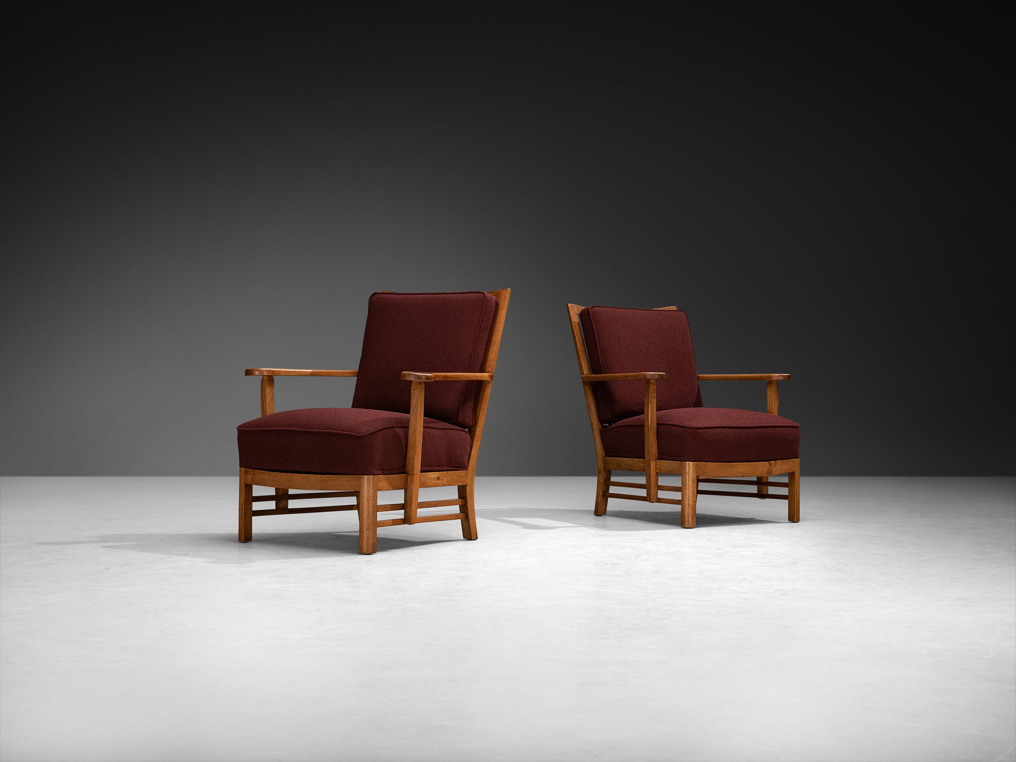 Pair of 1950s Lounge Chairs in Burgundy Red Fabric and Walnut Frames Seating Morentz