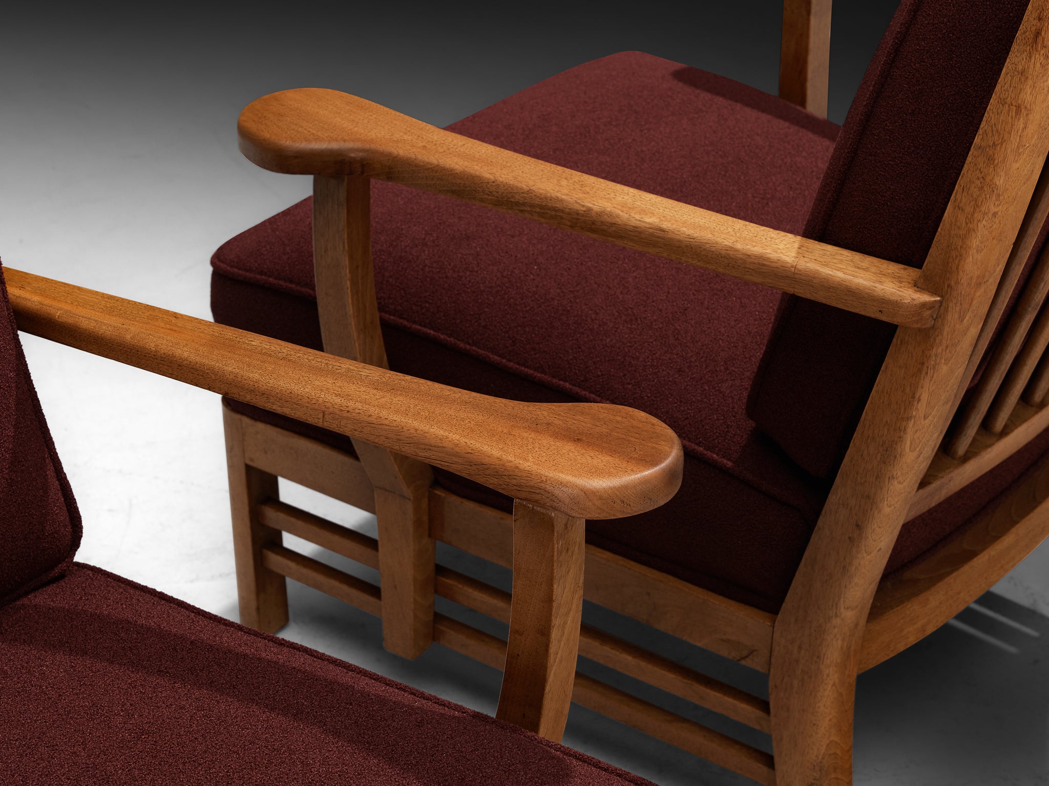 Pair of 1950s Lounge Chairs in Burgundy Red Fabric and Walnut Frames Seating Morentz