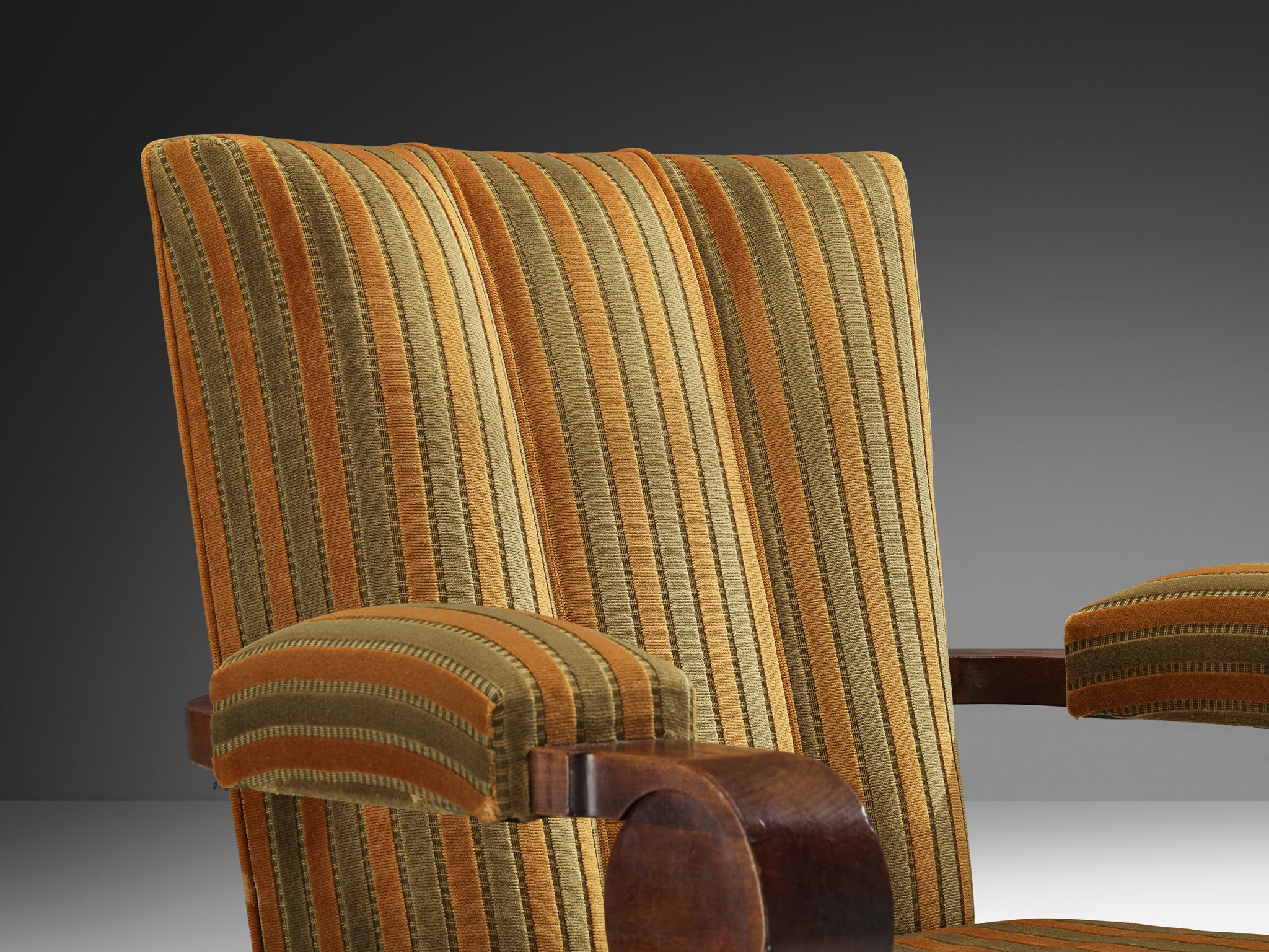 French Art Deco Lounge Chairs in Mahogany and Striped Fabric Seating Morentz