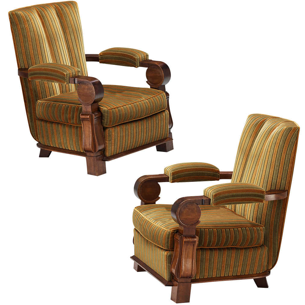 French Art Deco Lounge Chairs in Mahogany and Striped Fabric Seating Morentz