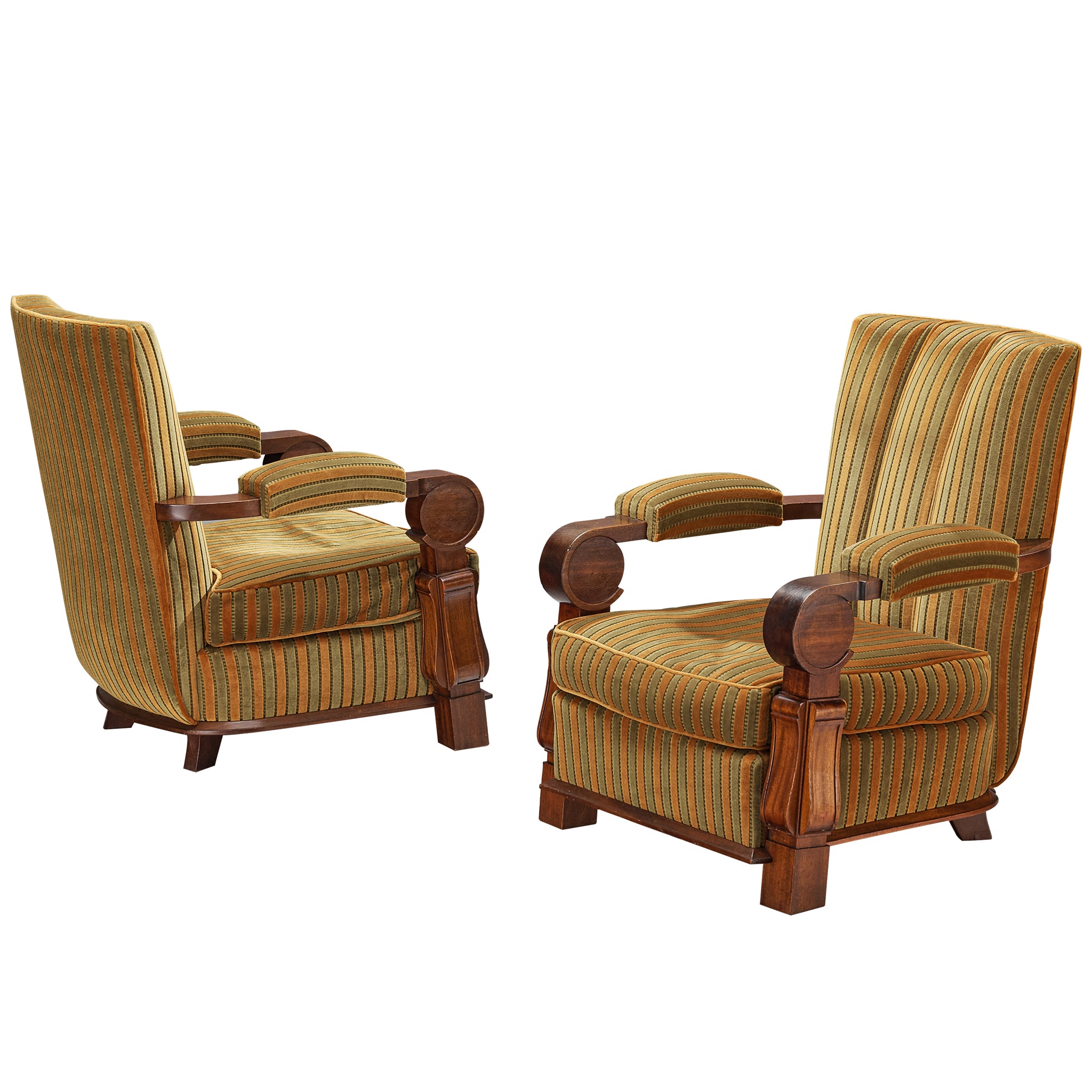 French Art Deco Lounge Chairs in Mahogany and Striped Fabric Seating Morentz