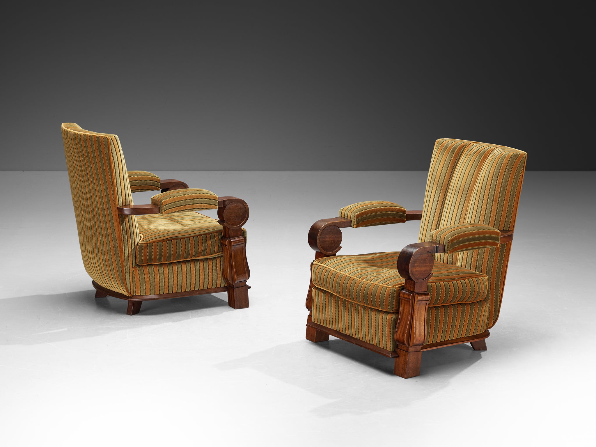 French Art Deco Lounge Chairs in Mahogany and Striped Fabric Seating Morentz