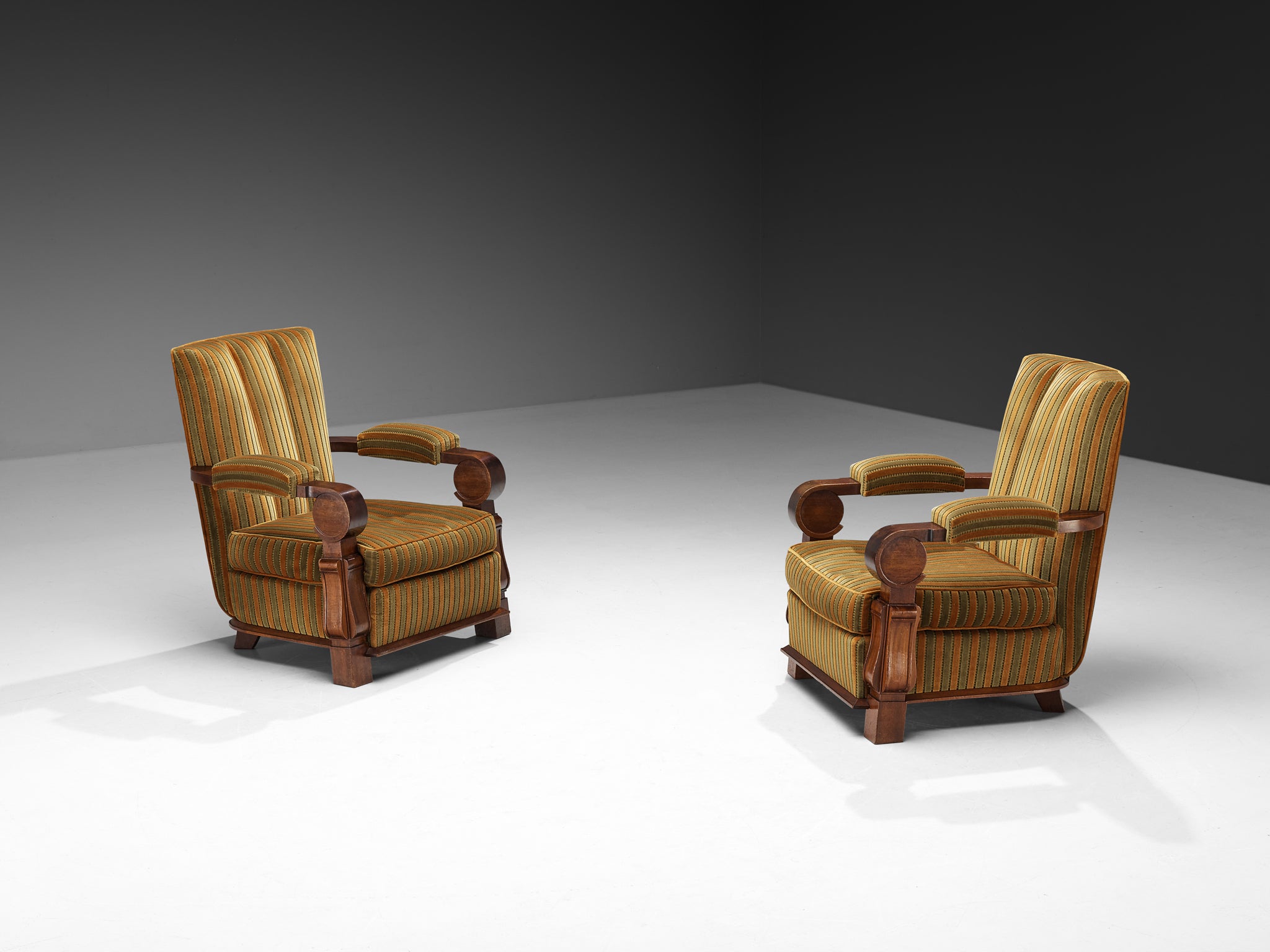 French Art Deco Lounge Chairs in Mahogany and Striped Fabric Seating Morentz