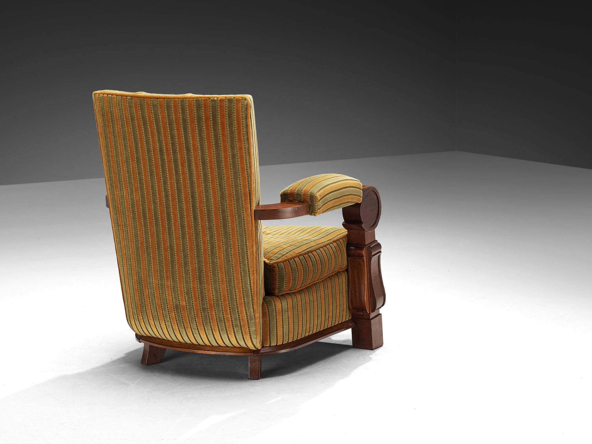 French Art Deco Lounge Chairs in Mahogany and Striped Fabric Seating Morentz