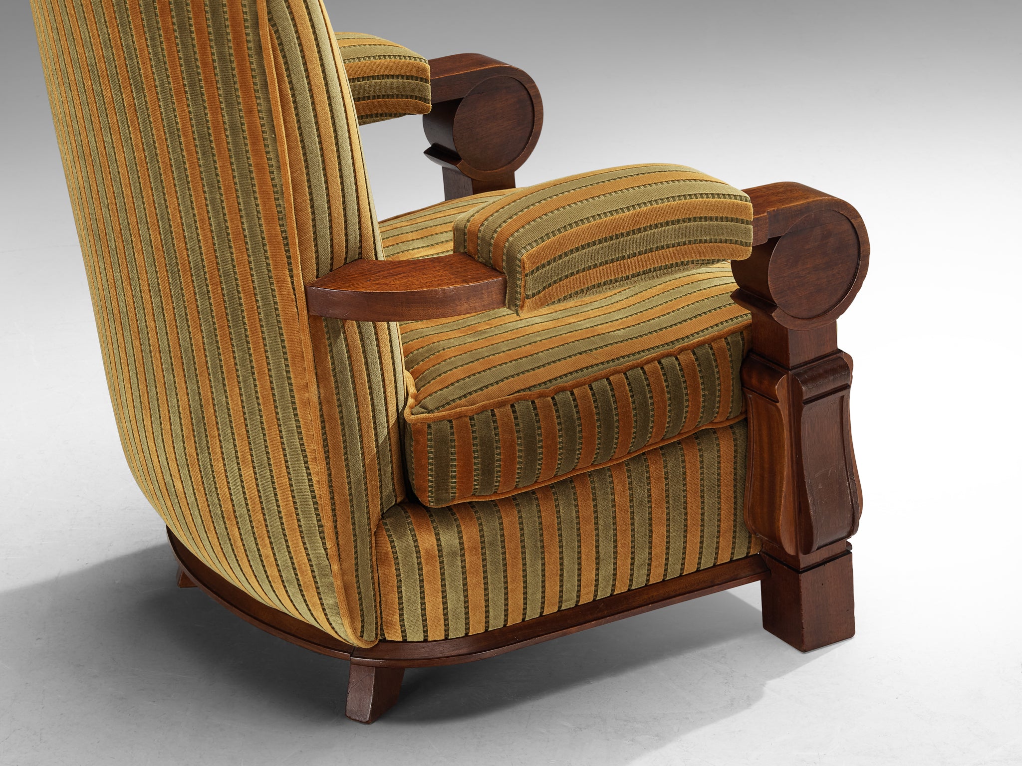 French Art Deco Lounge Chairs in Mahogany and Striped Fabric Seating Morentz