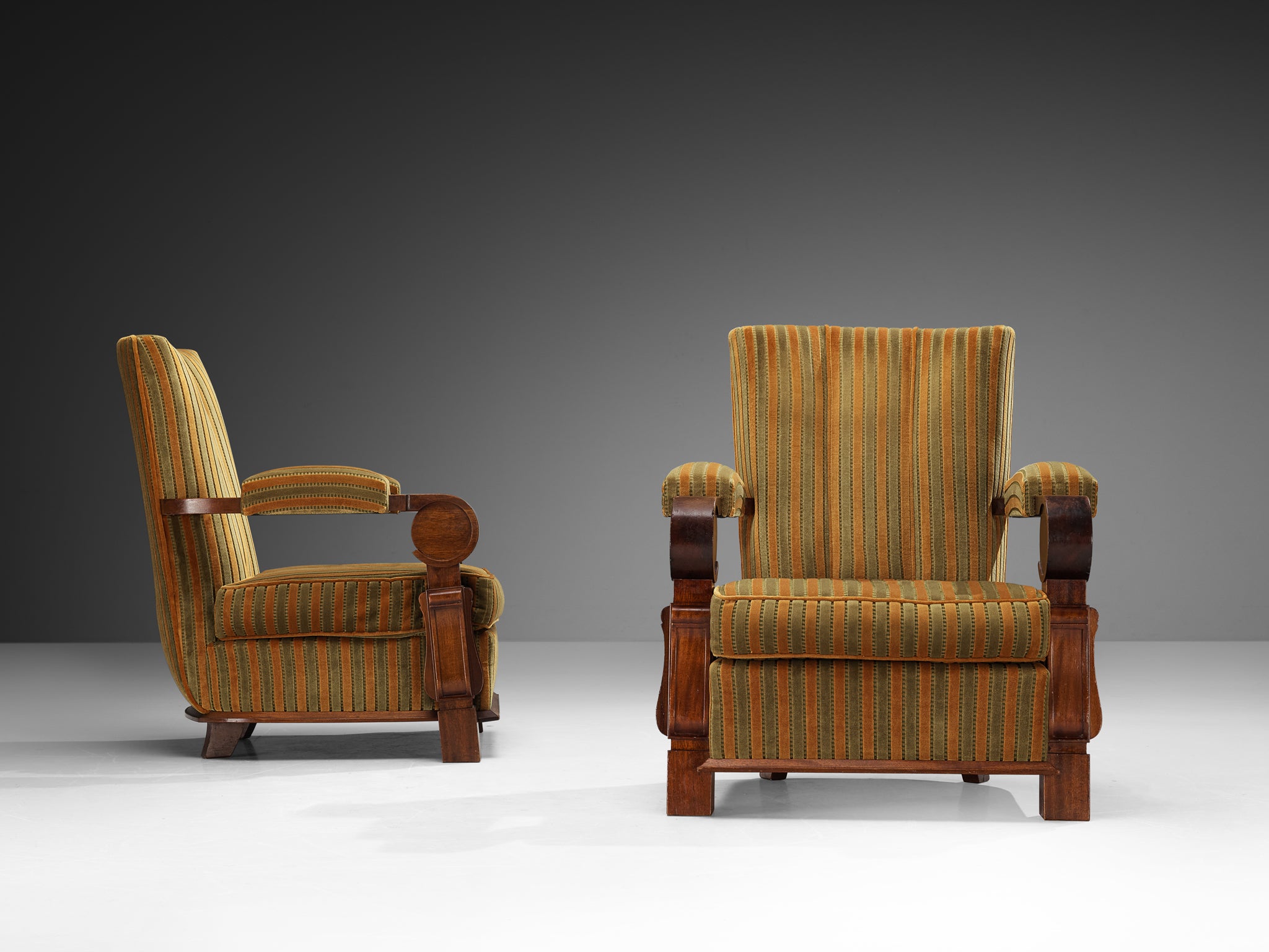 French Art Deco Lounge Chairs in Mahogany and Striped Fabric Seating Morentz