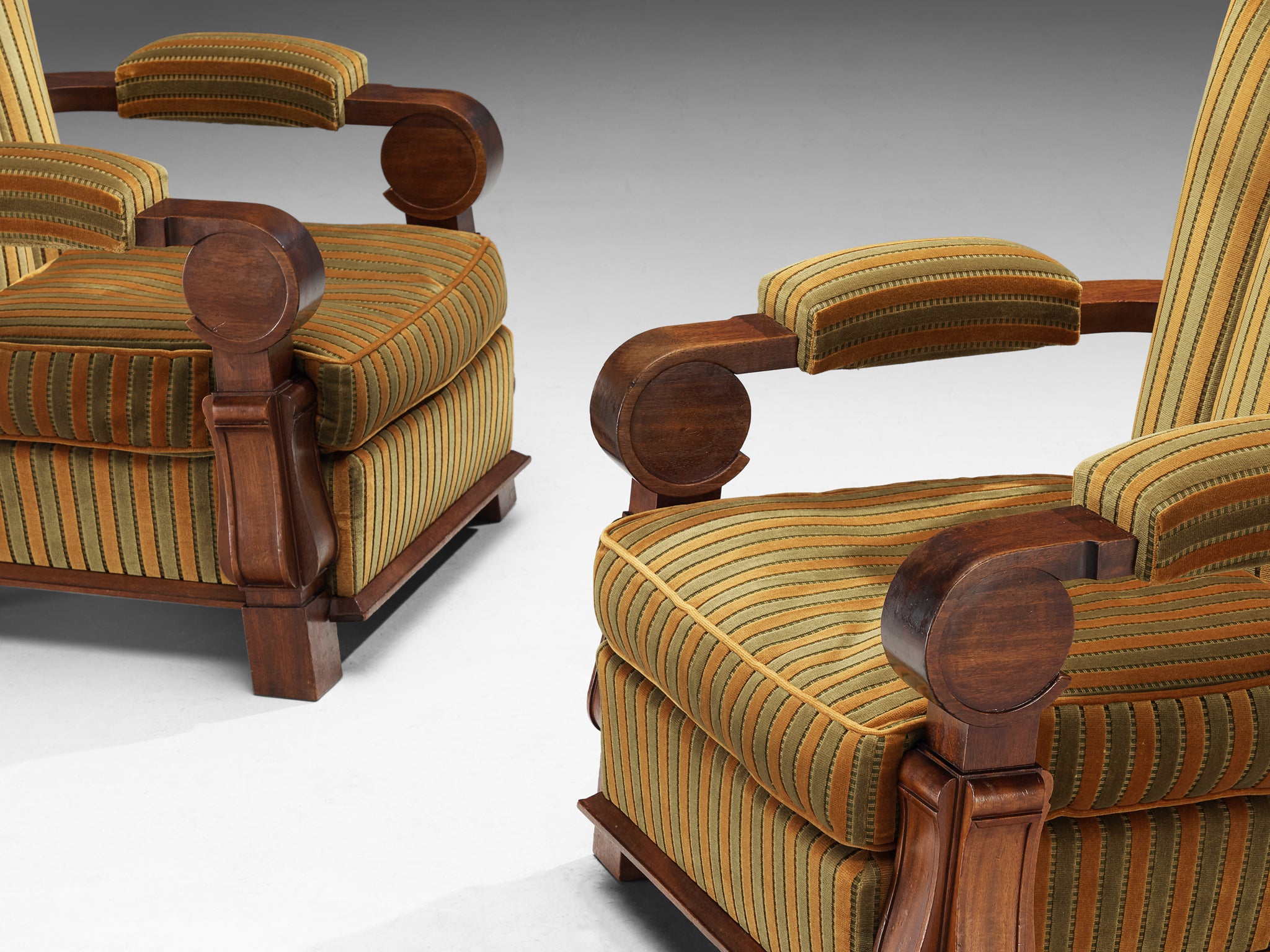 French Art Deco Lounge Chairs in Mahogany and Striped Fabric Seating Morentz