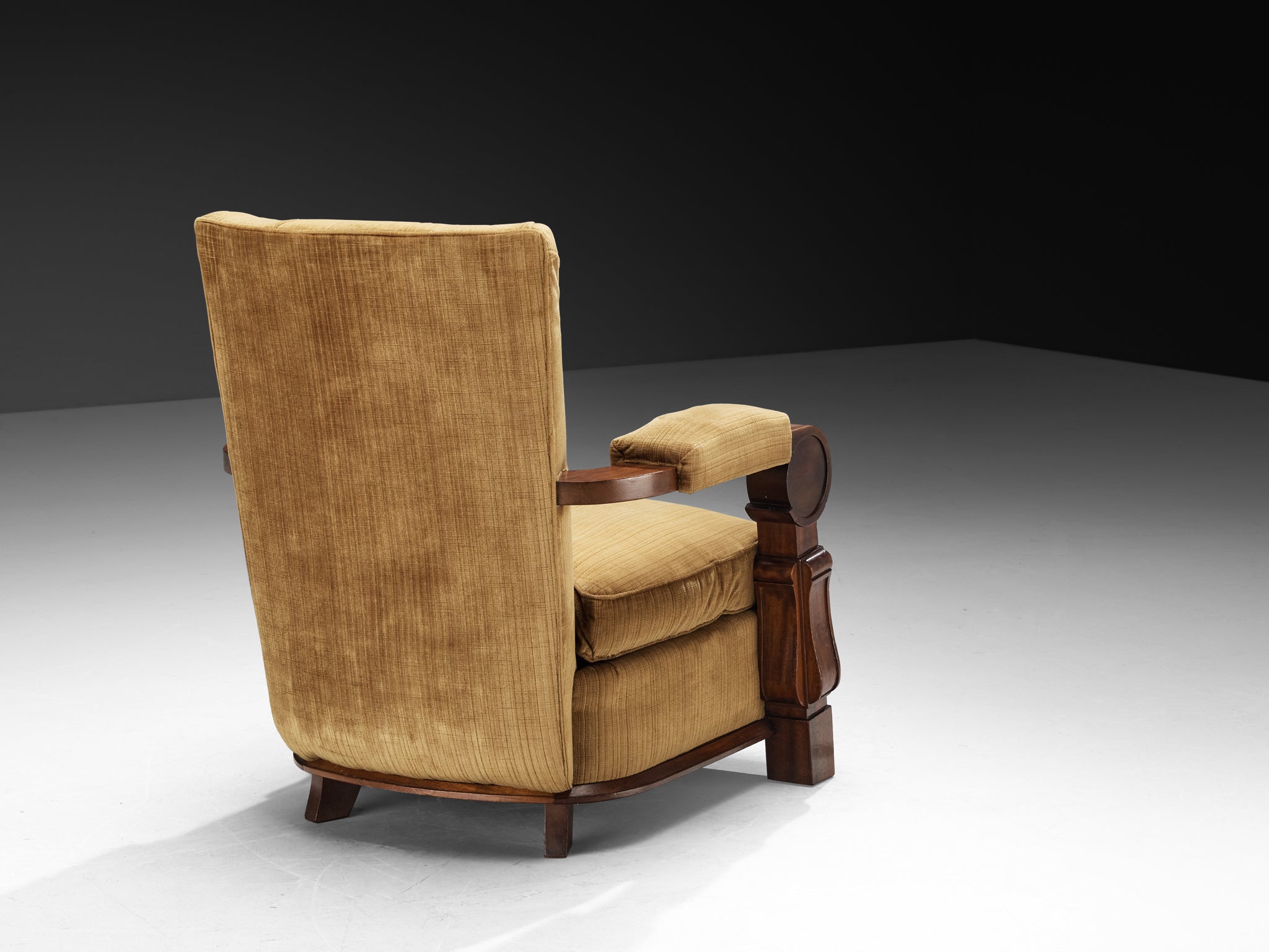 Pair of French Art Deco Lounge Chairs in Mahogany and Golden Beige Fabric Seating Morentz