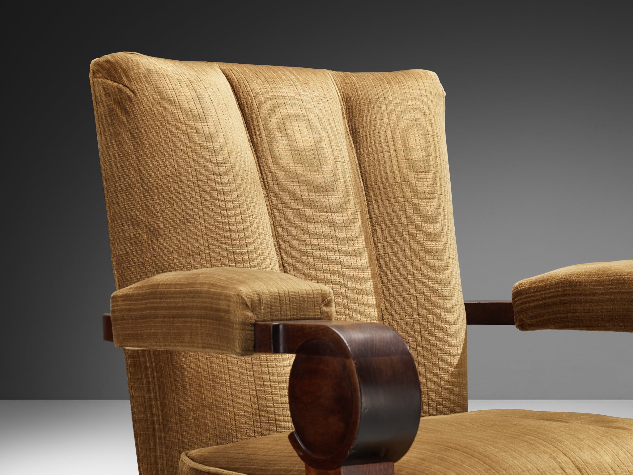 Pair of French Art Deco Lounge Chairs in Mahogany and Golden Beige Fabric Seating Morentz
