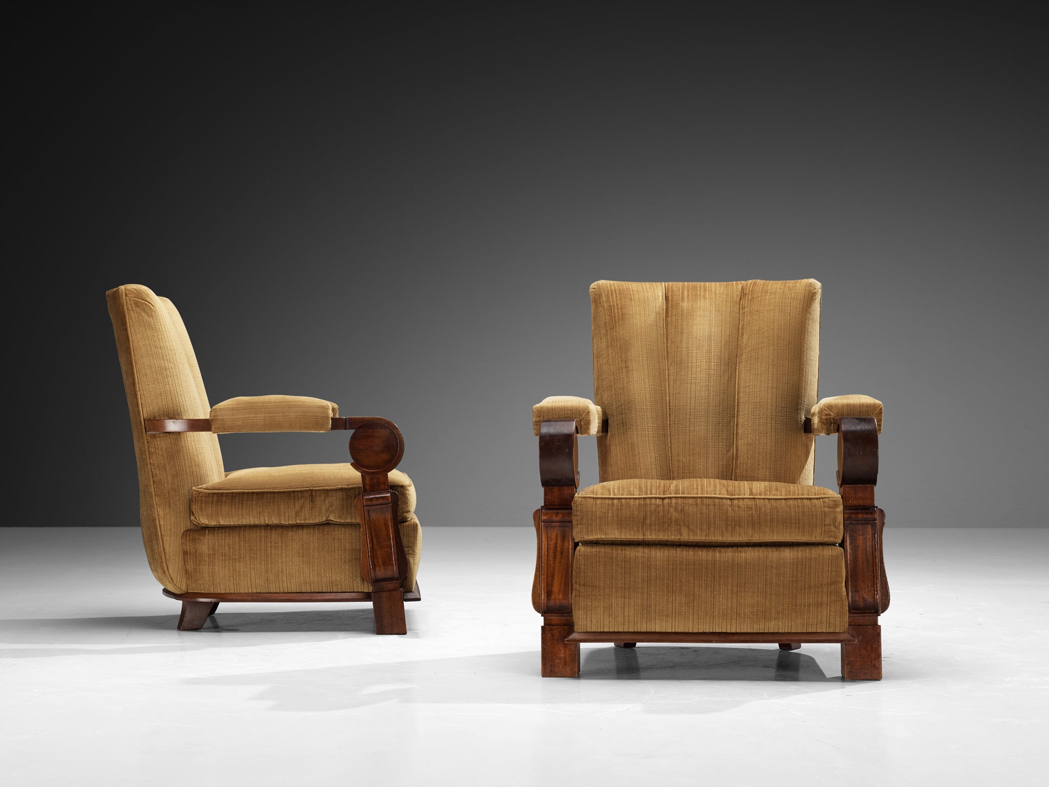 Pair of French Art Deco Lounge Chairs in Mahogany and Golden Beige Fabric Seating Morentz