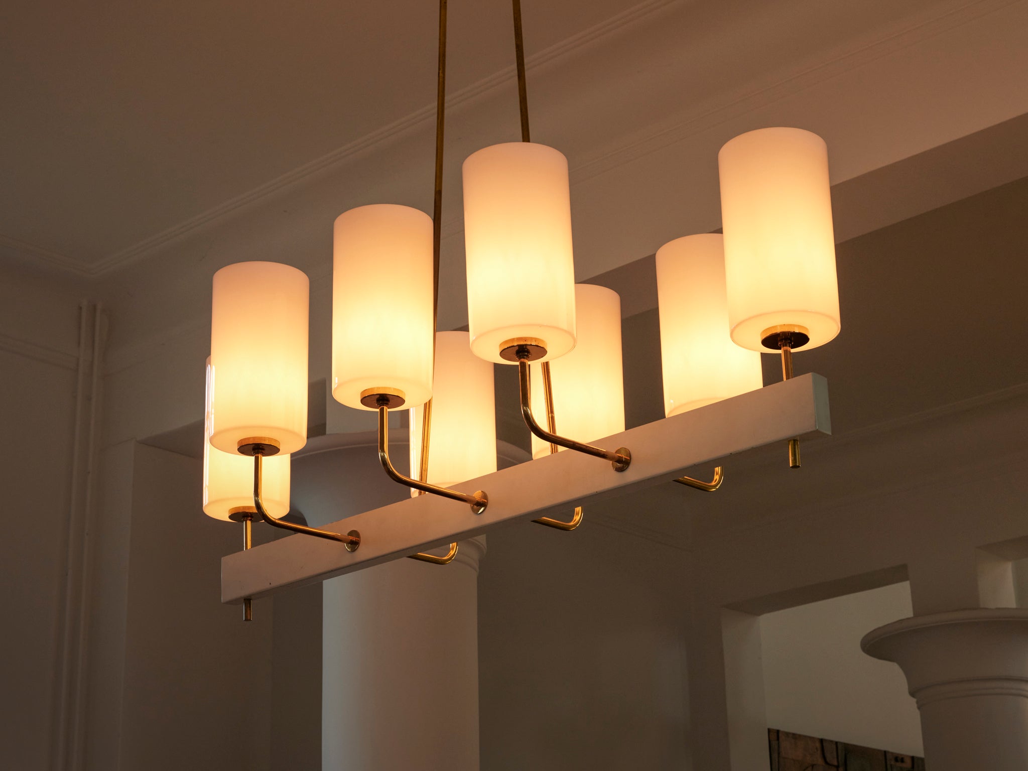 Very Large Paavo Tynell for Idman Monumental Chandelier in Brass Opal Glass 155cm/61in Lighting Morentz