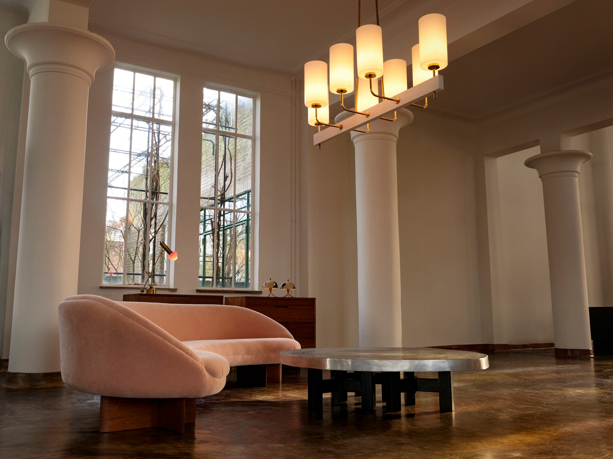 Very Large Paavo Tynell for Idman Monumental Chandelier in Brass Opal Glass 155cm/61in Lighting Morentz