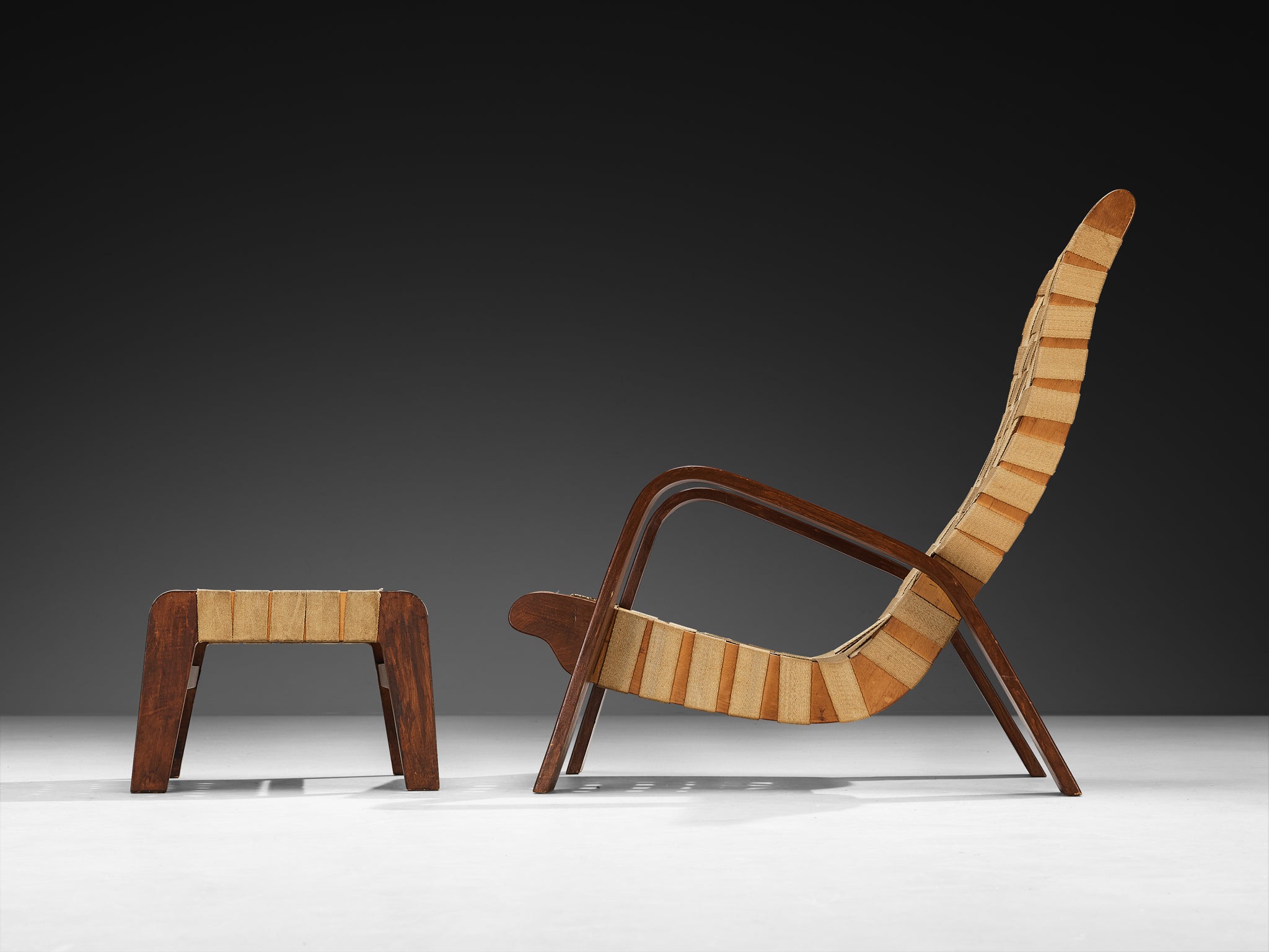 Sculptural Lounge Chair with Ottoman in Canvas Webbing and Bentwood Seating Morentz