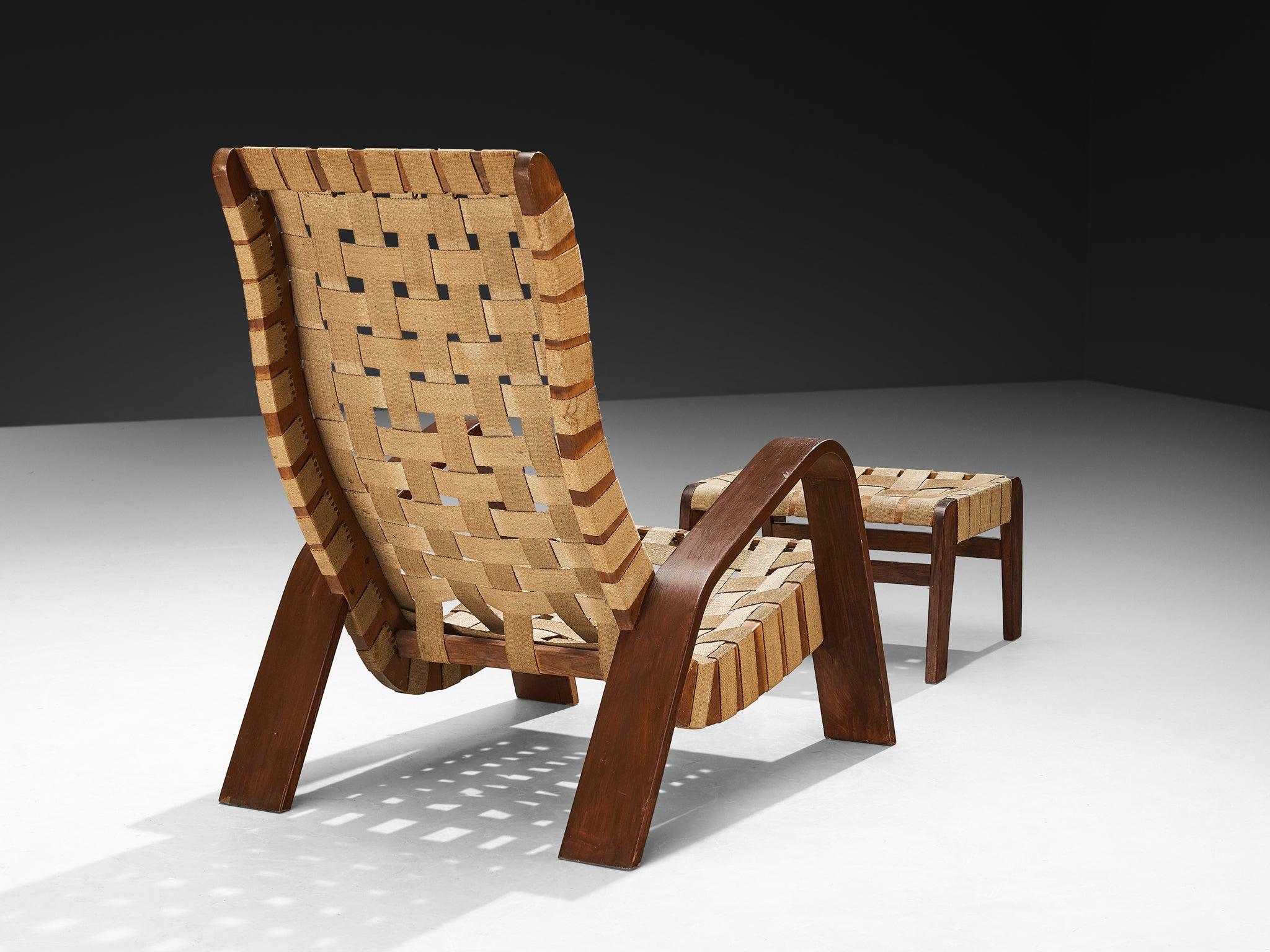 Sculptural Lounge Chair with Ottoman in Canvas Webbing and Bentwood Seating Morentz