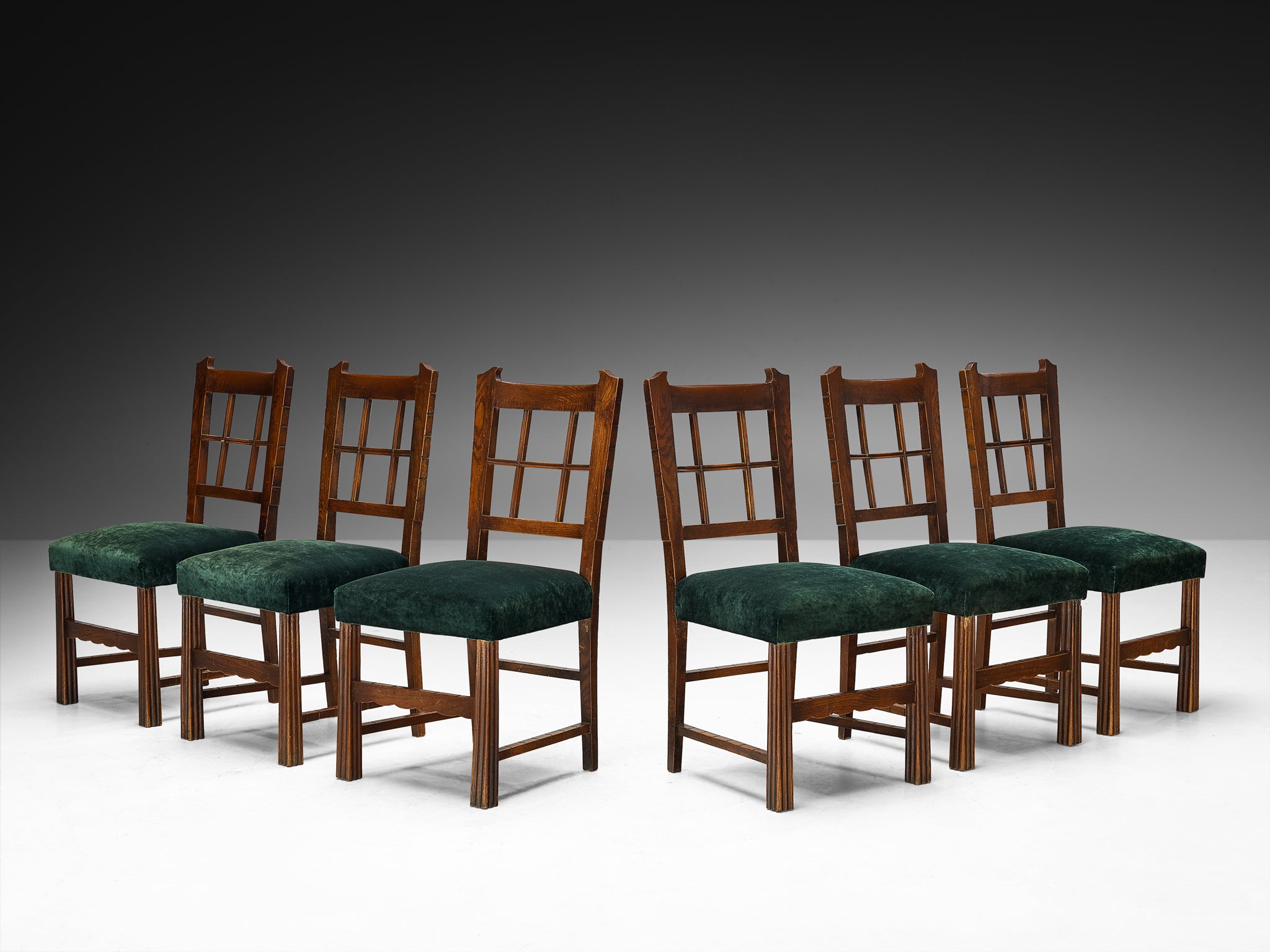 Ernesto Valabrega for Vittorio Valabrega Set of Six Chairs in Oak and Pierre Frey Velvet Seating Morentz