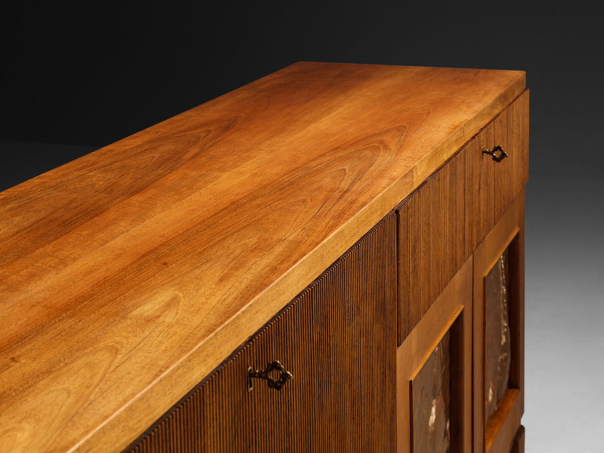 1940s Italian Sideboard in Walnut with Grissinato Carvings and Copper Reliefs