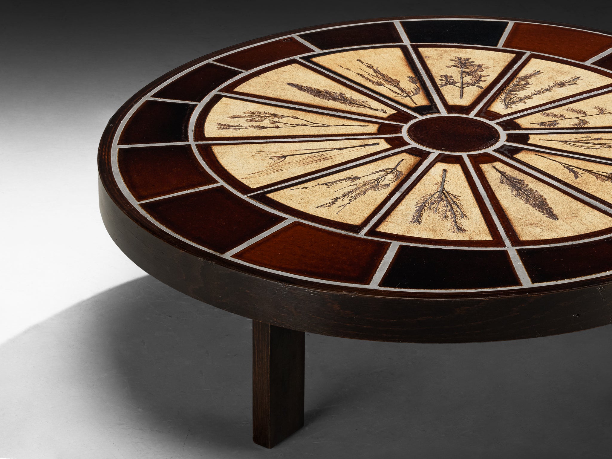 Roger Capron Oval Coffee Table with Floral Imprints in Ceramic and Wood Tables Morentz