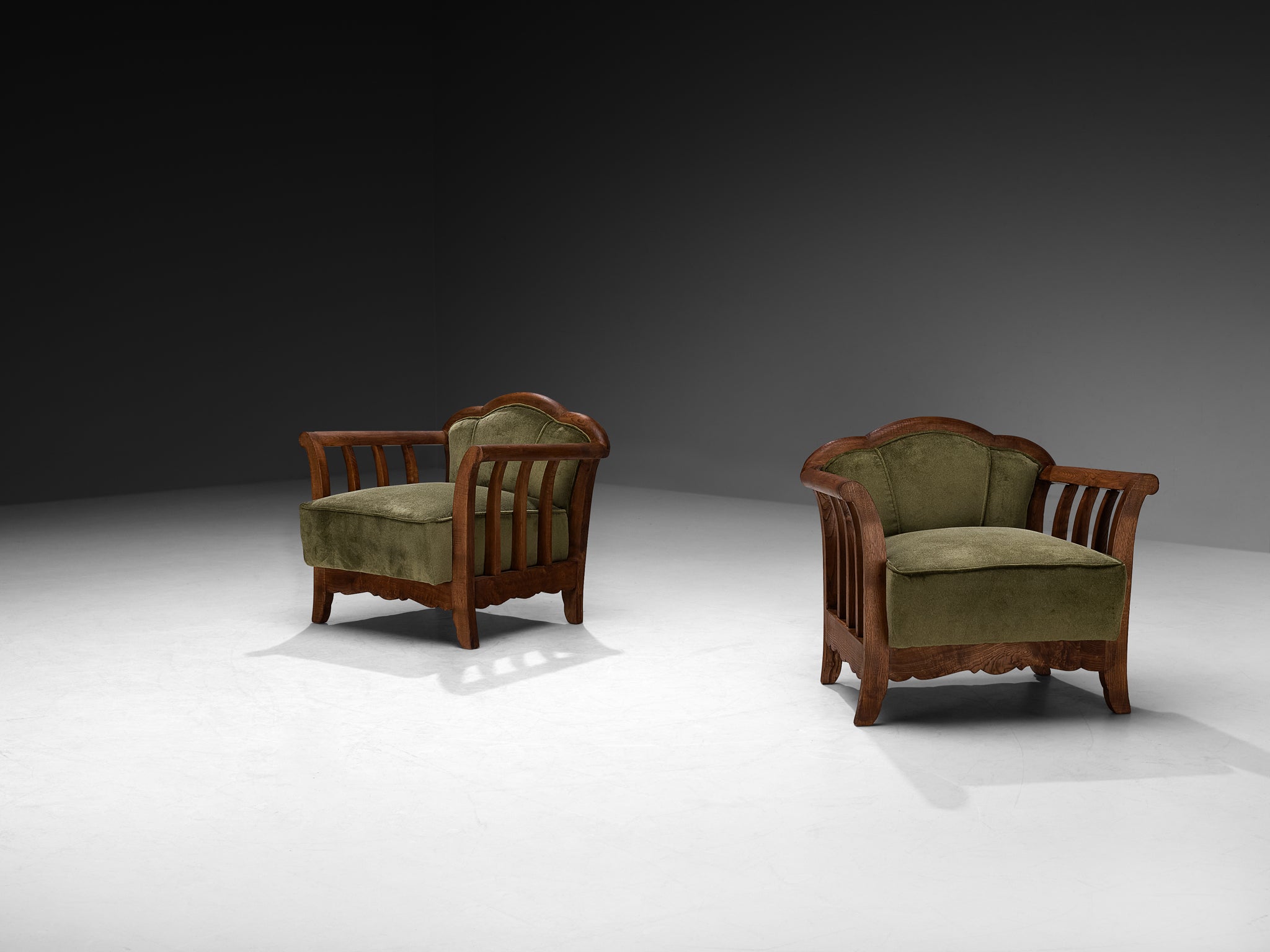 Pair of Art Deco Armchairs in Olive Green Pierre Frey Velvet and Chestnut Seating Morentz