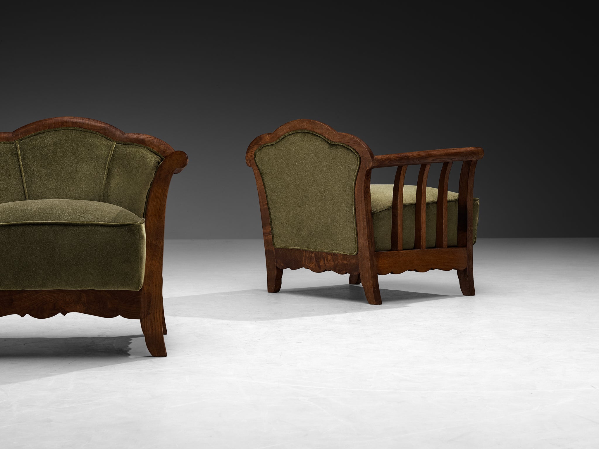 Pair of Art Deco Armchairs in Olive Green Pierre Frey Velvet and Chestnut Seating Morentz